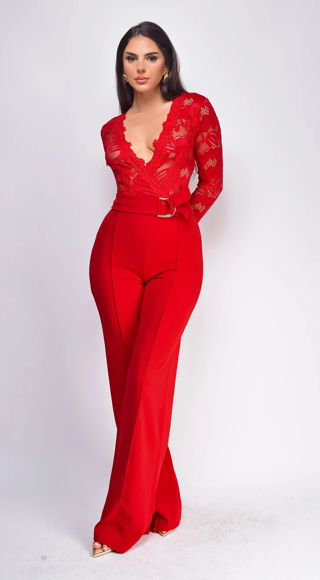 Milani Long Sleeve Lace Crochet Jumpsuit Red