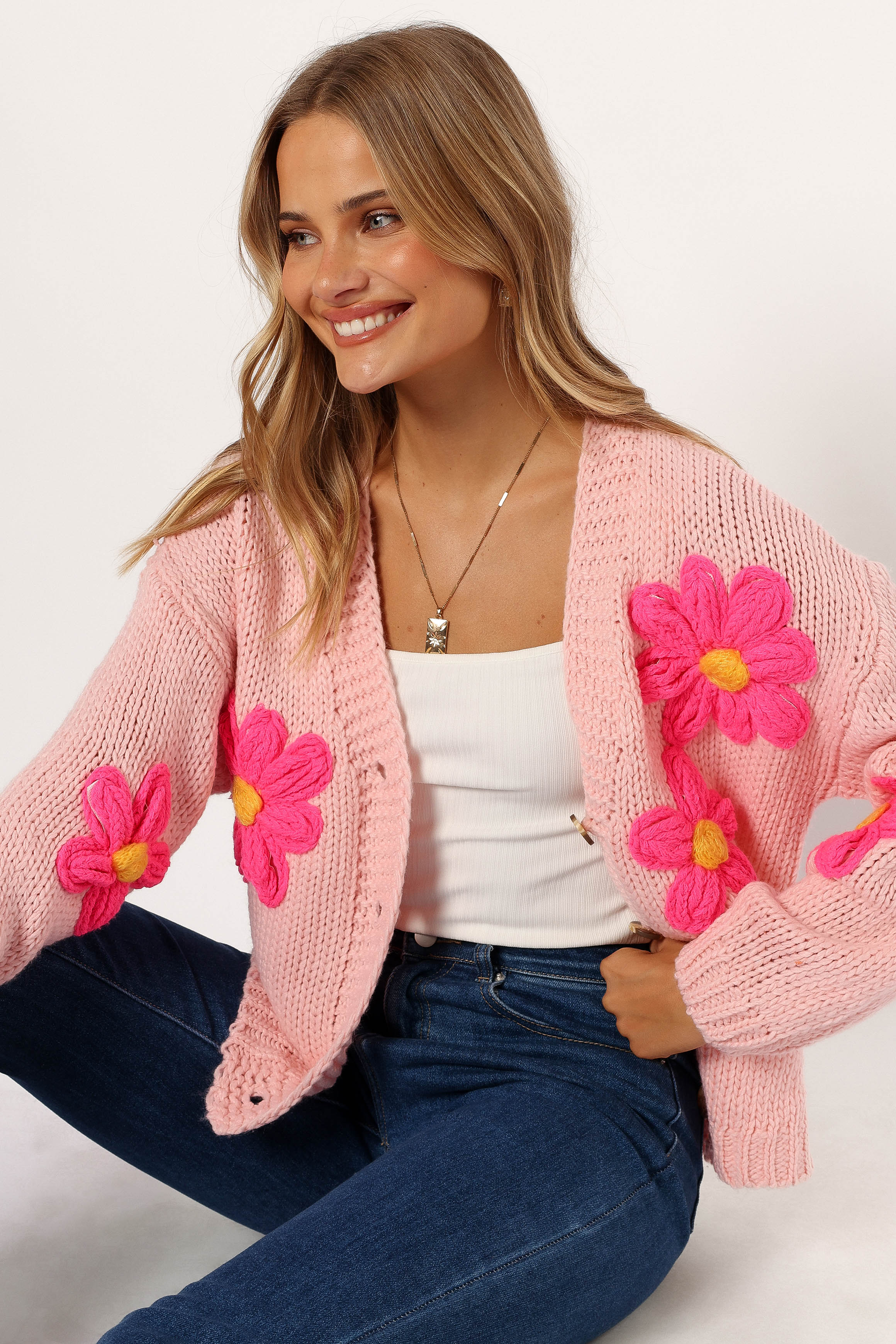 Clementine Flower Embroidered Open Front Cardigan Pink