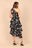 Brigette One Shoulder Tiered Midi Dress Black Floral
