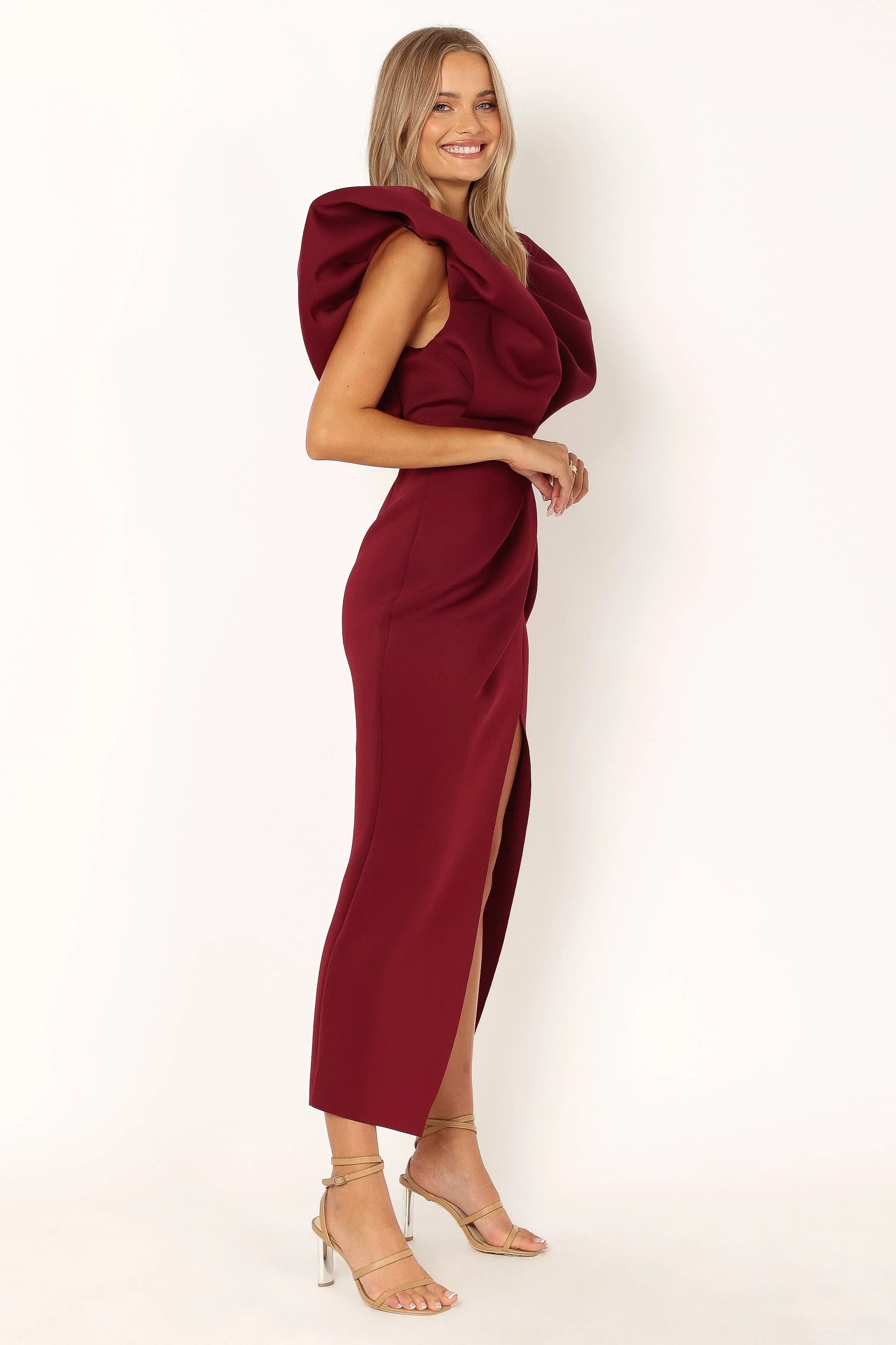Augie Frill Shoulder Maxi Dress Burgundy