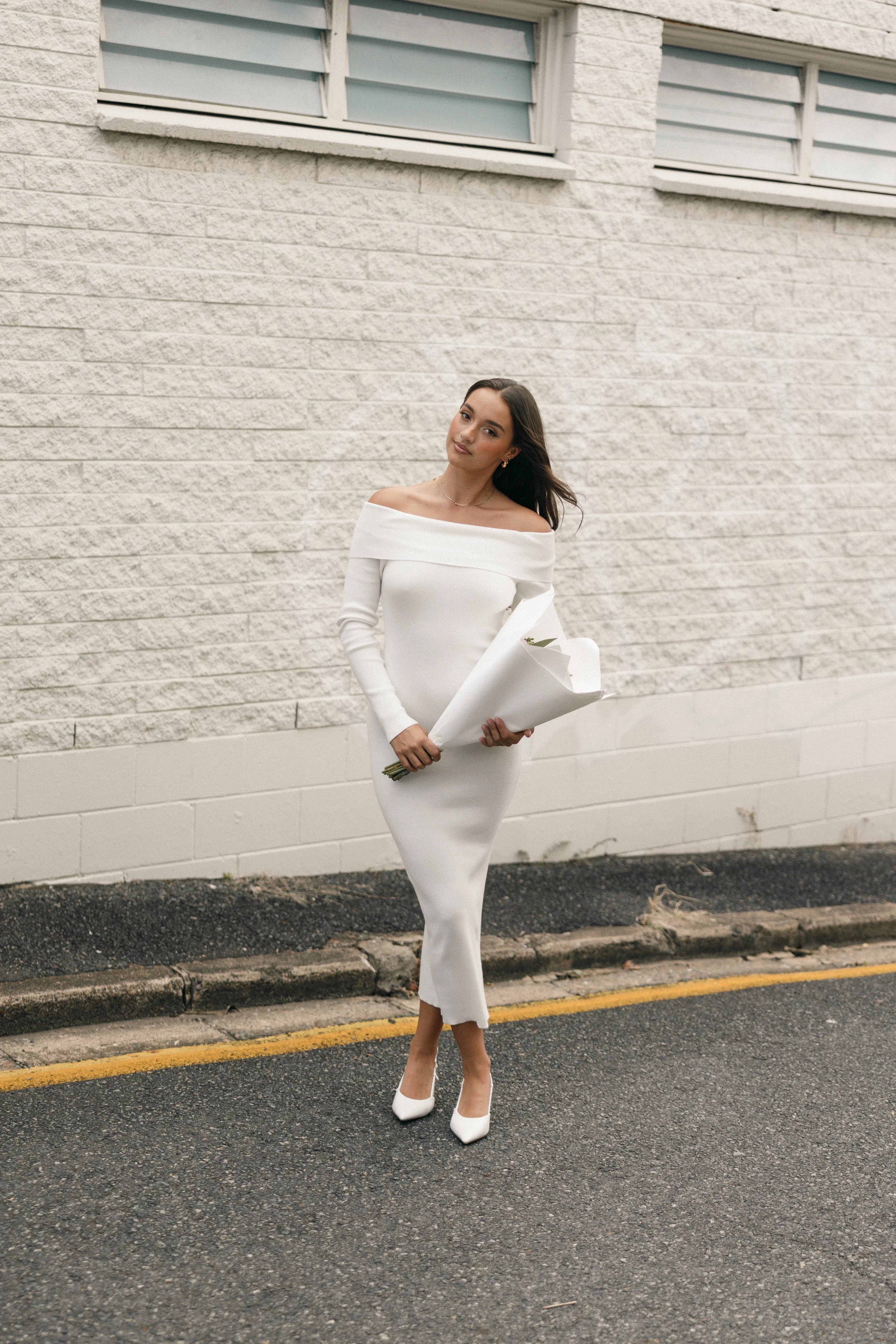 Archie Off the Shoulder Midi Dress White