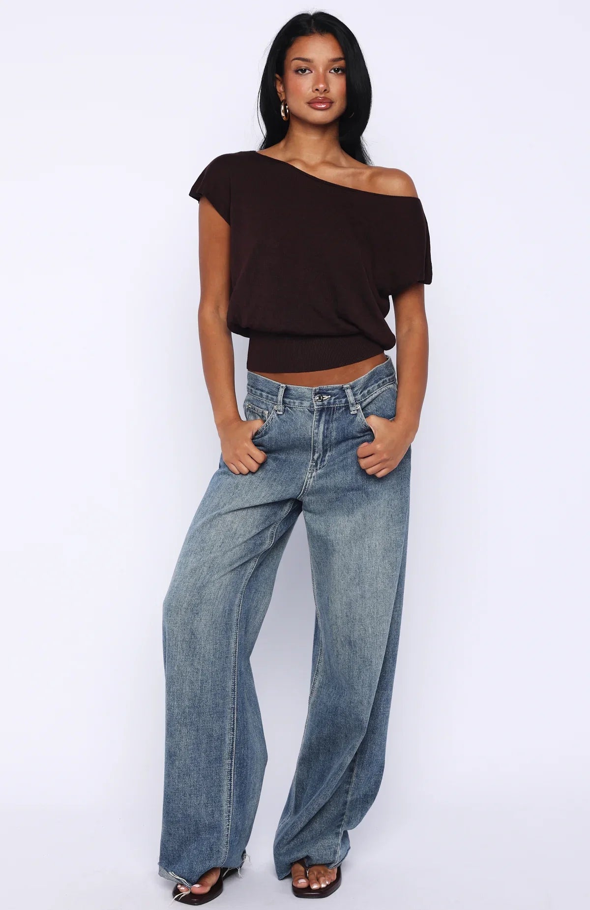Cant Change My Mind Off Shoulder Cinched Top Chocolate