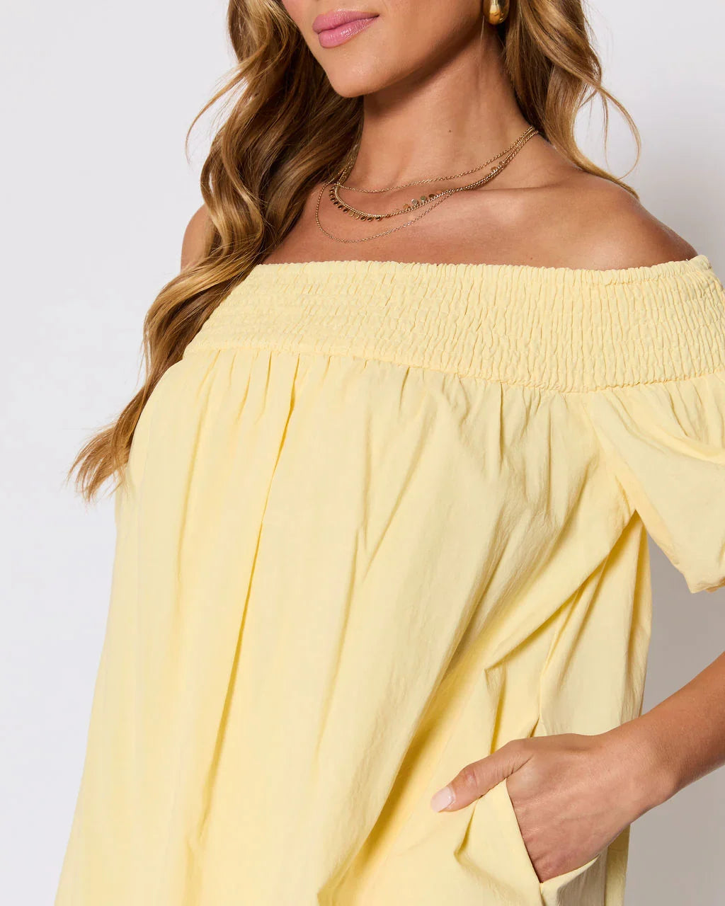Lydia Cotton Smocked Off The Shoulder Mini Dress