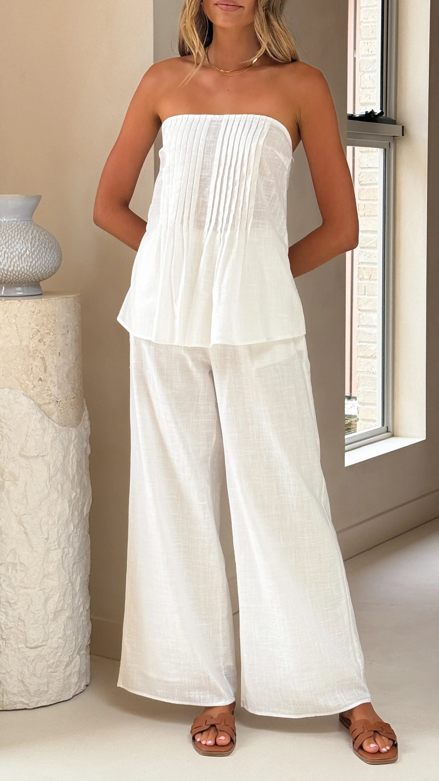Sharni Strapless Pleat Top and Pants Set White