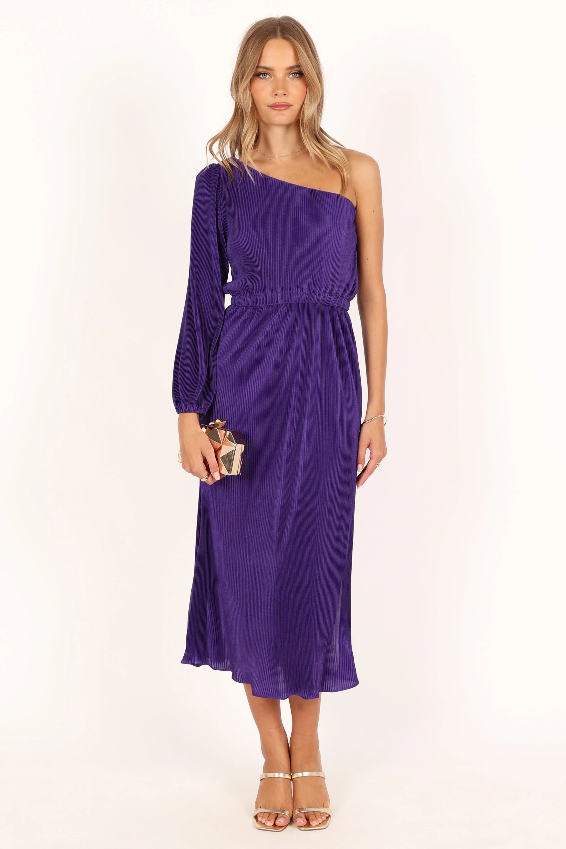 Pontee One Shoulder Pleated Midi Dress Purple