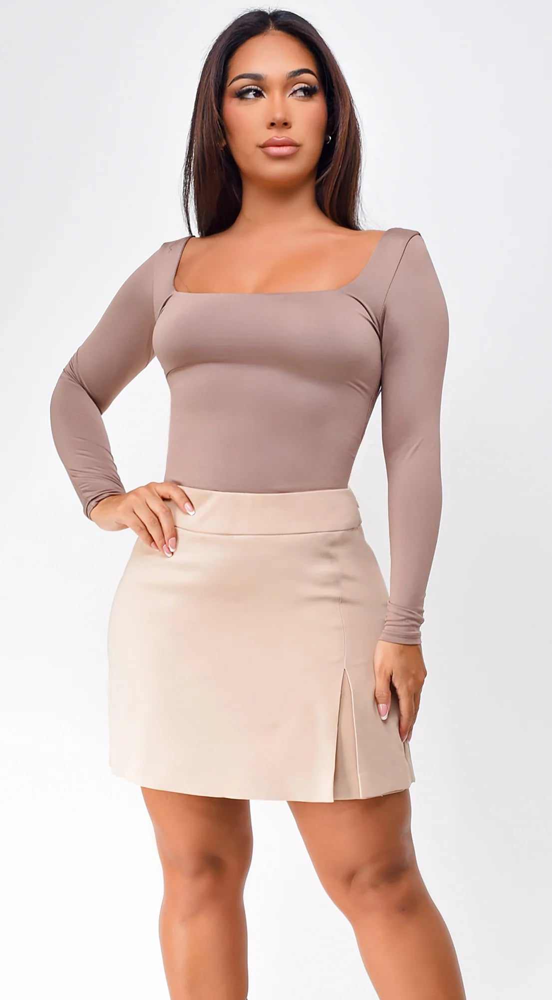 Jona Square Neck Long Sleeve Bodysuit Taupe