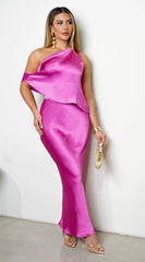 Lumen One Shoulder Slim Satin Maxi Dress Pink