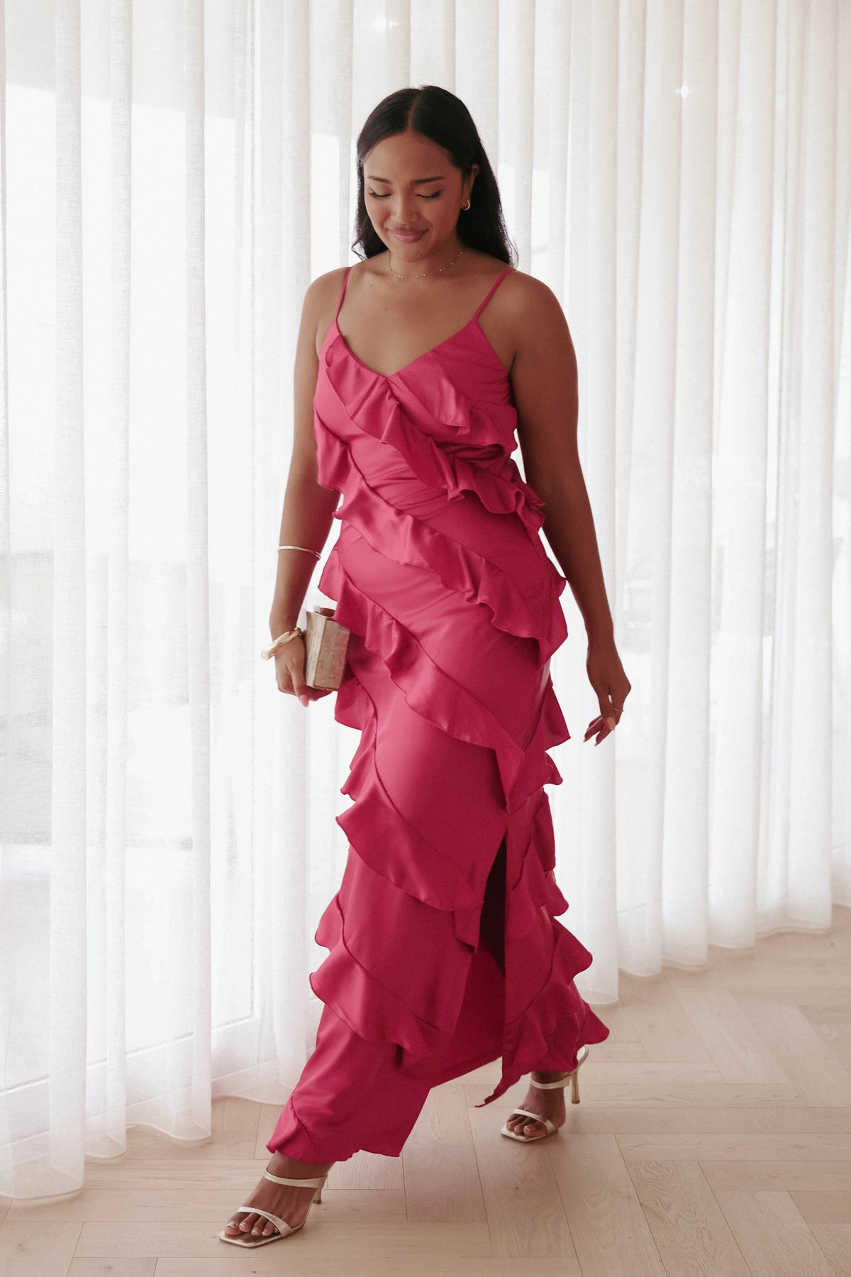 Ciao Ruffles Maxi Satin Dress Fuchsia
