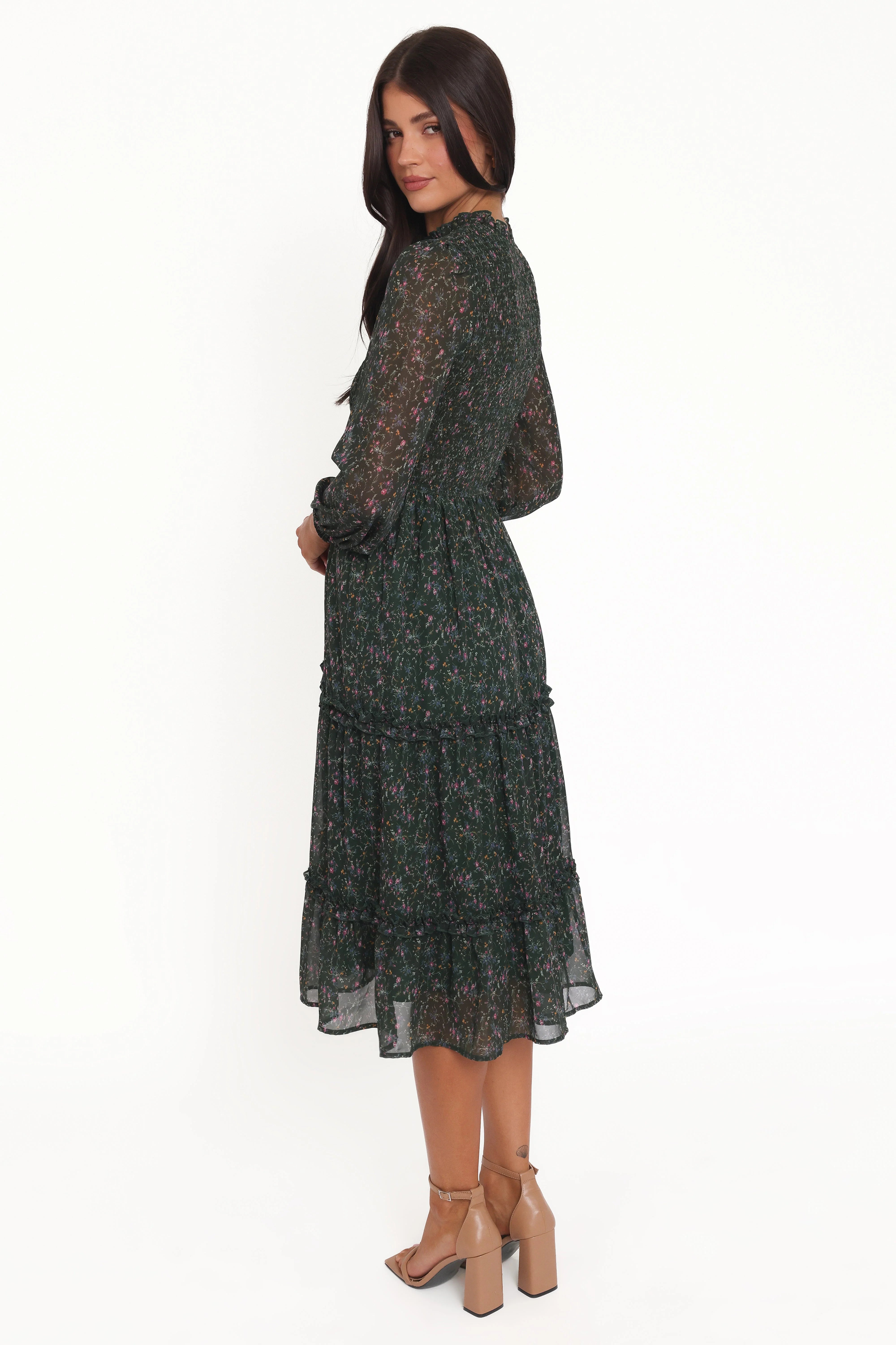 Edwina Shirred Frill Long Sleeve Midi Dress Olive Floral