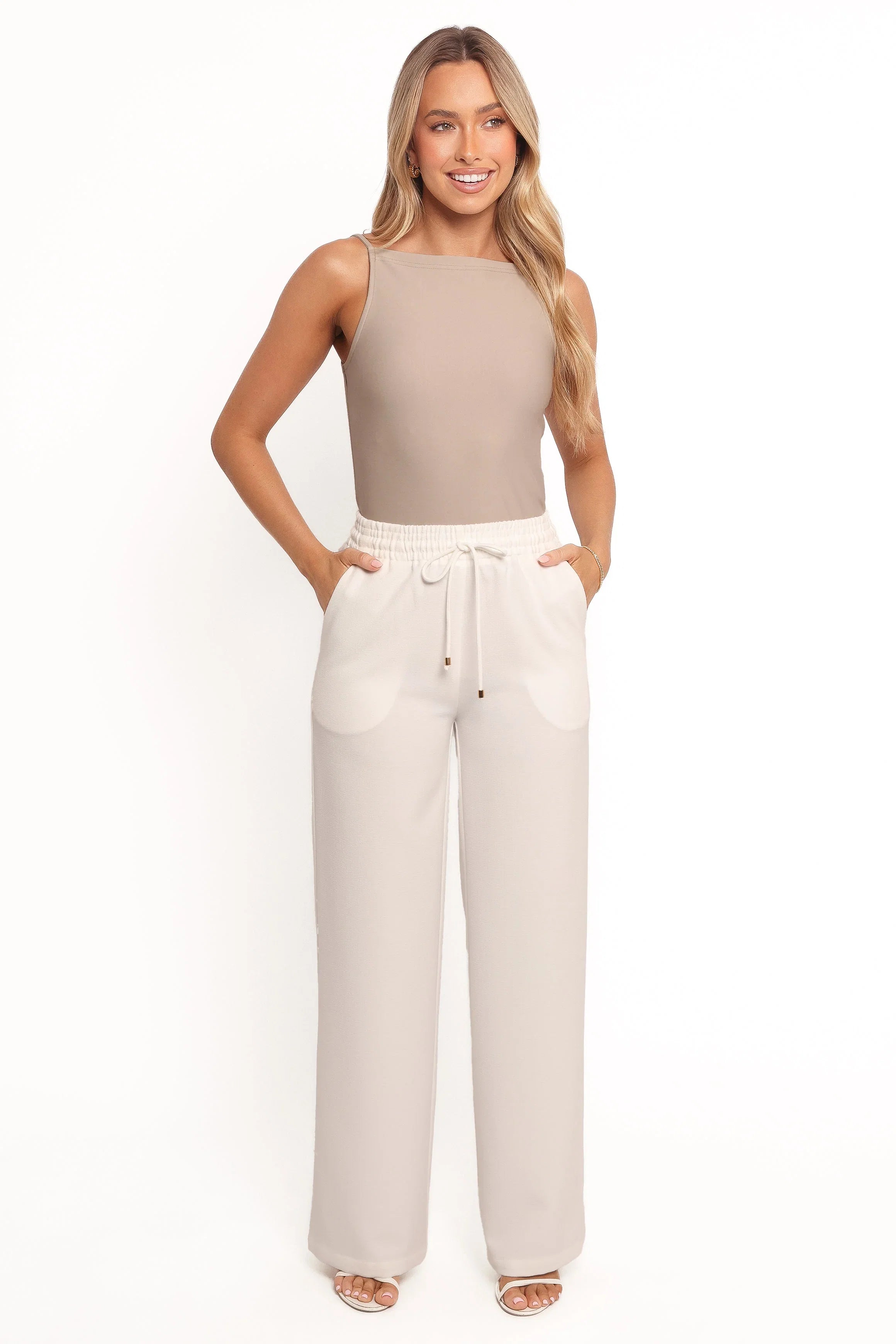 Cinch Wide Leg Crepe Pant White