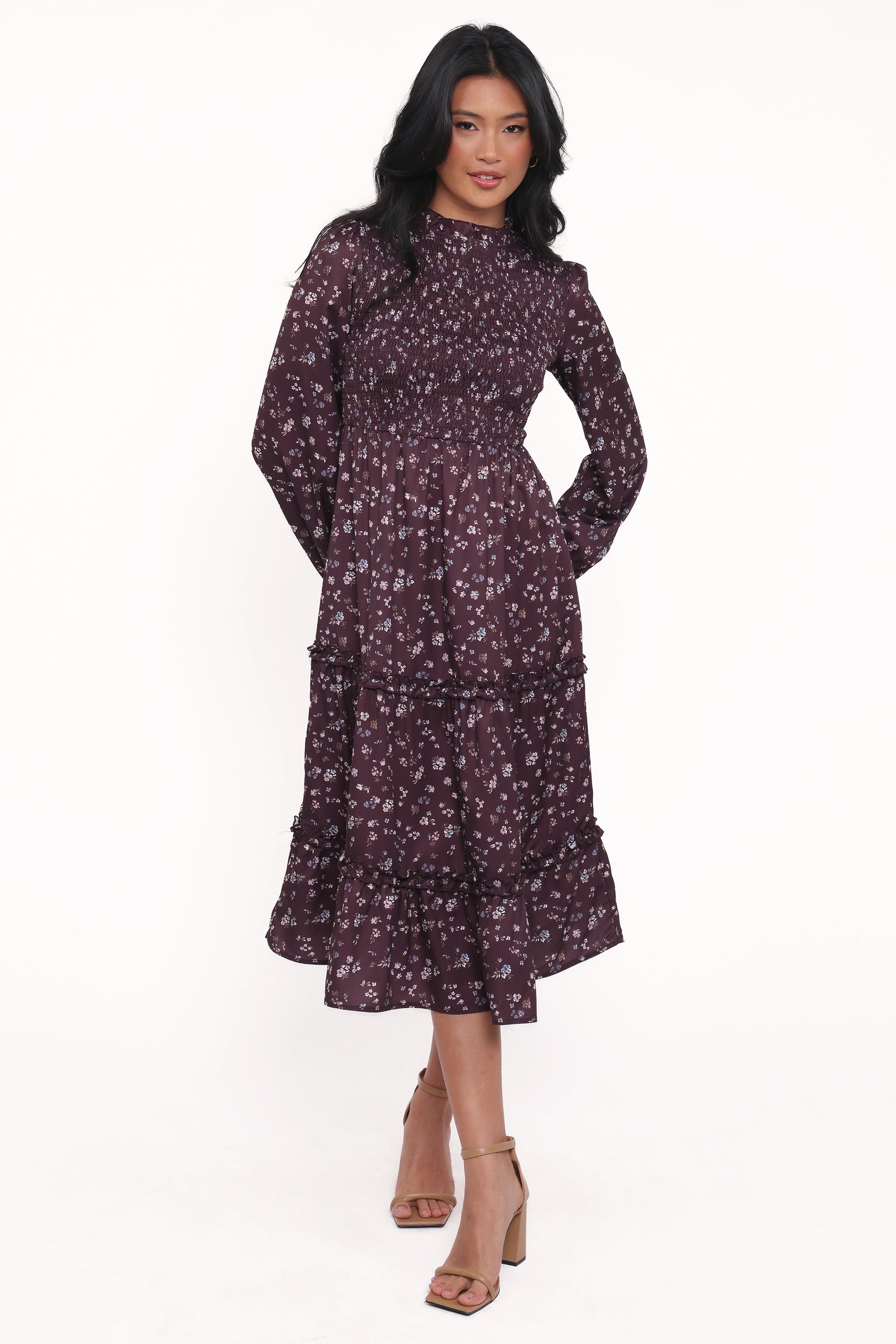 Edwina Shirred Frill Long Sleeve Midi Dress Plum Floral