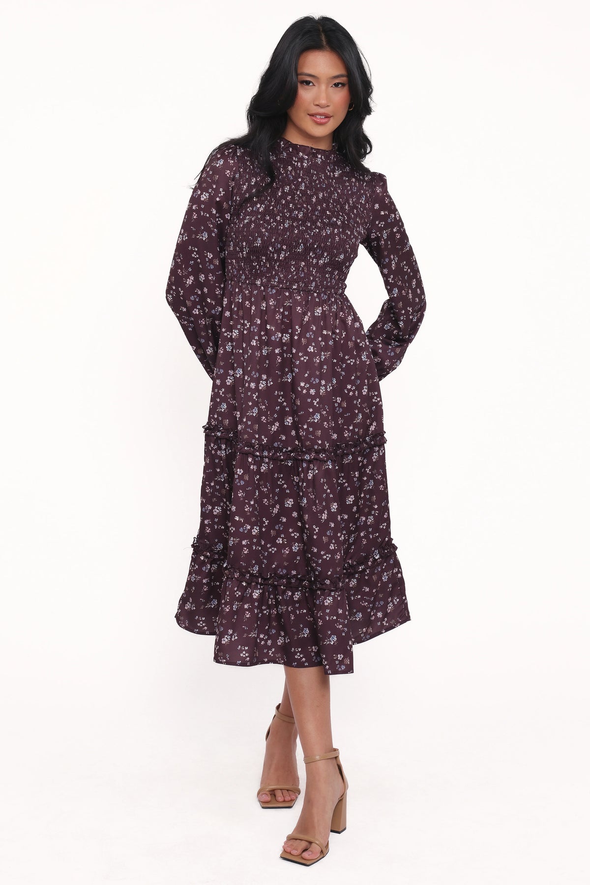 Edwina Shirred Frill Long Sleeve Midi Dress Plum Floral