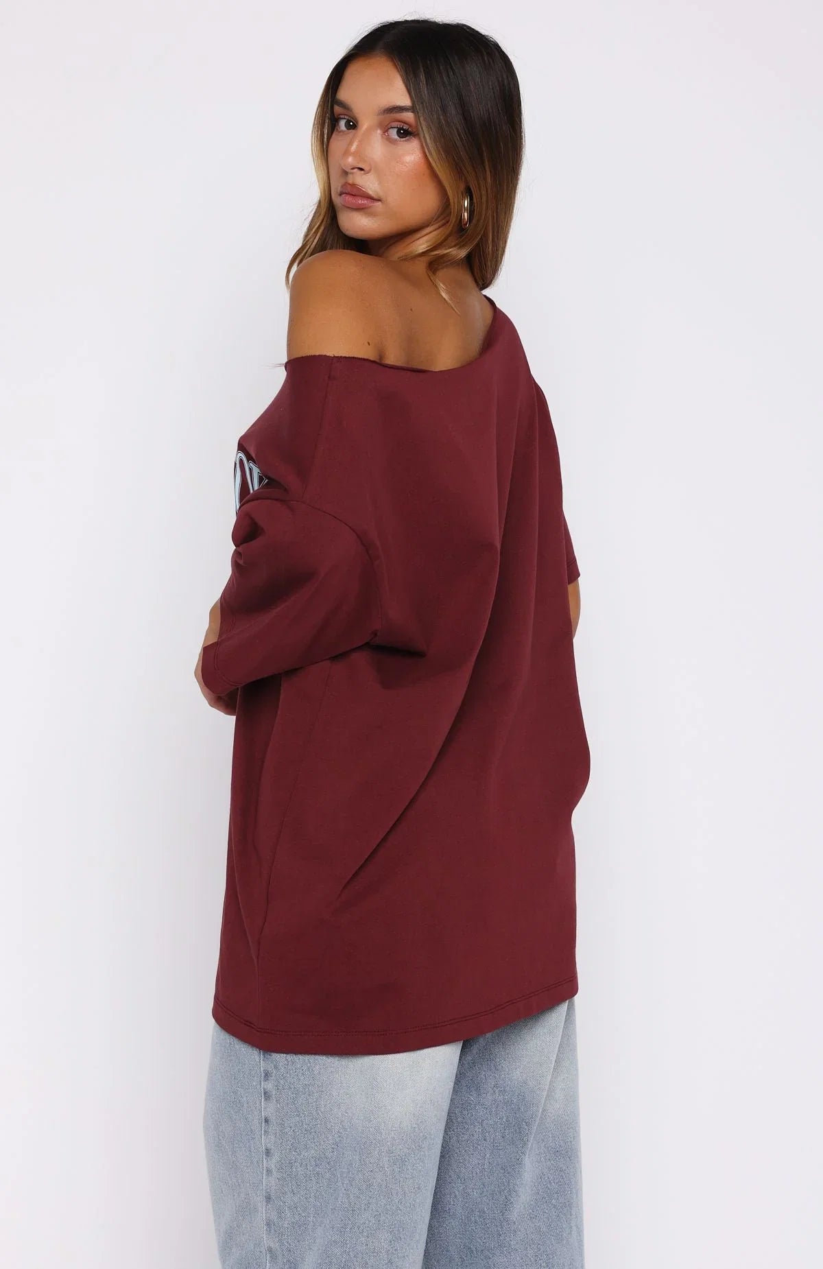Everything In Time Off Shoulder Oversized Tee Burgundy