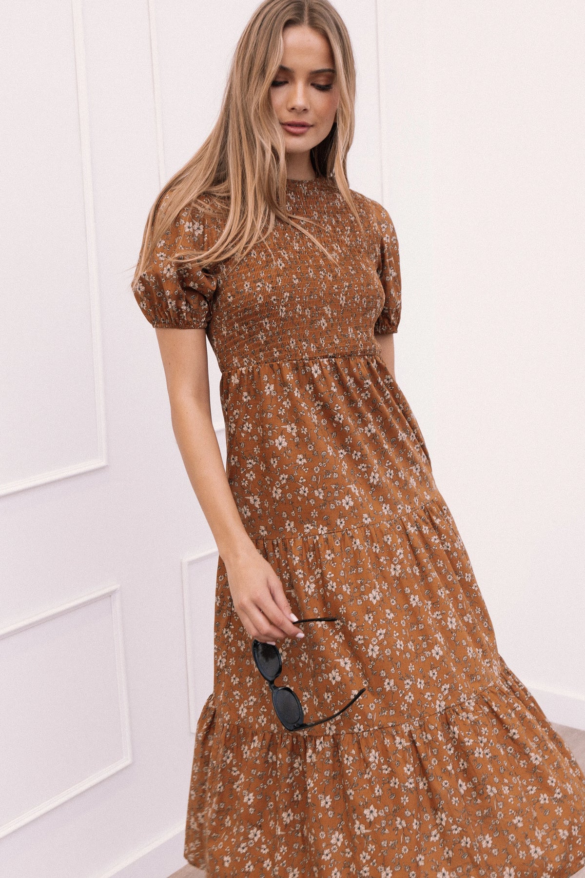 Naura Shirred Tiered Midi Dress Cognac Floral