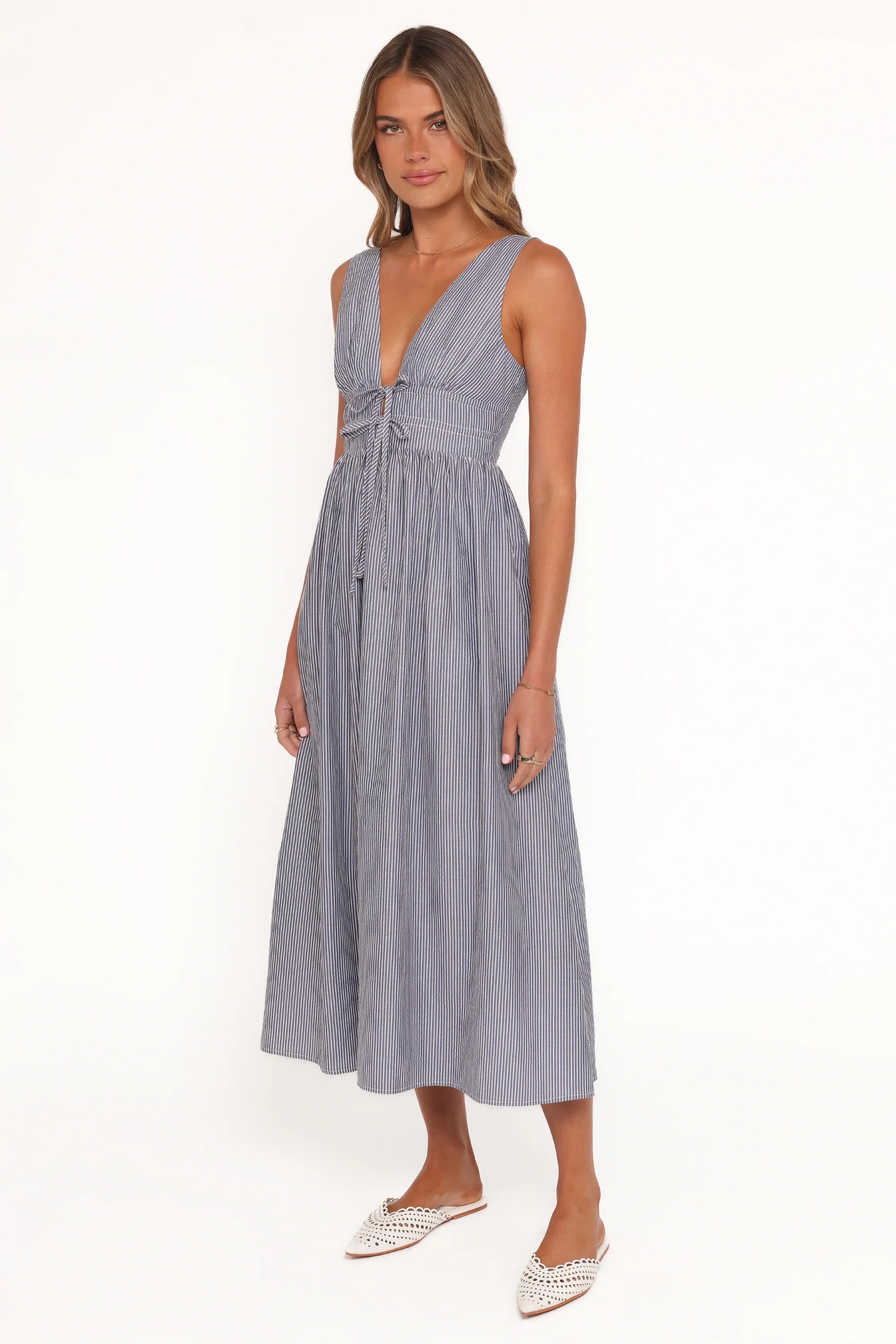 Annora Midi Dress Navy Pinstripe