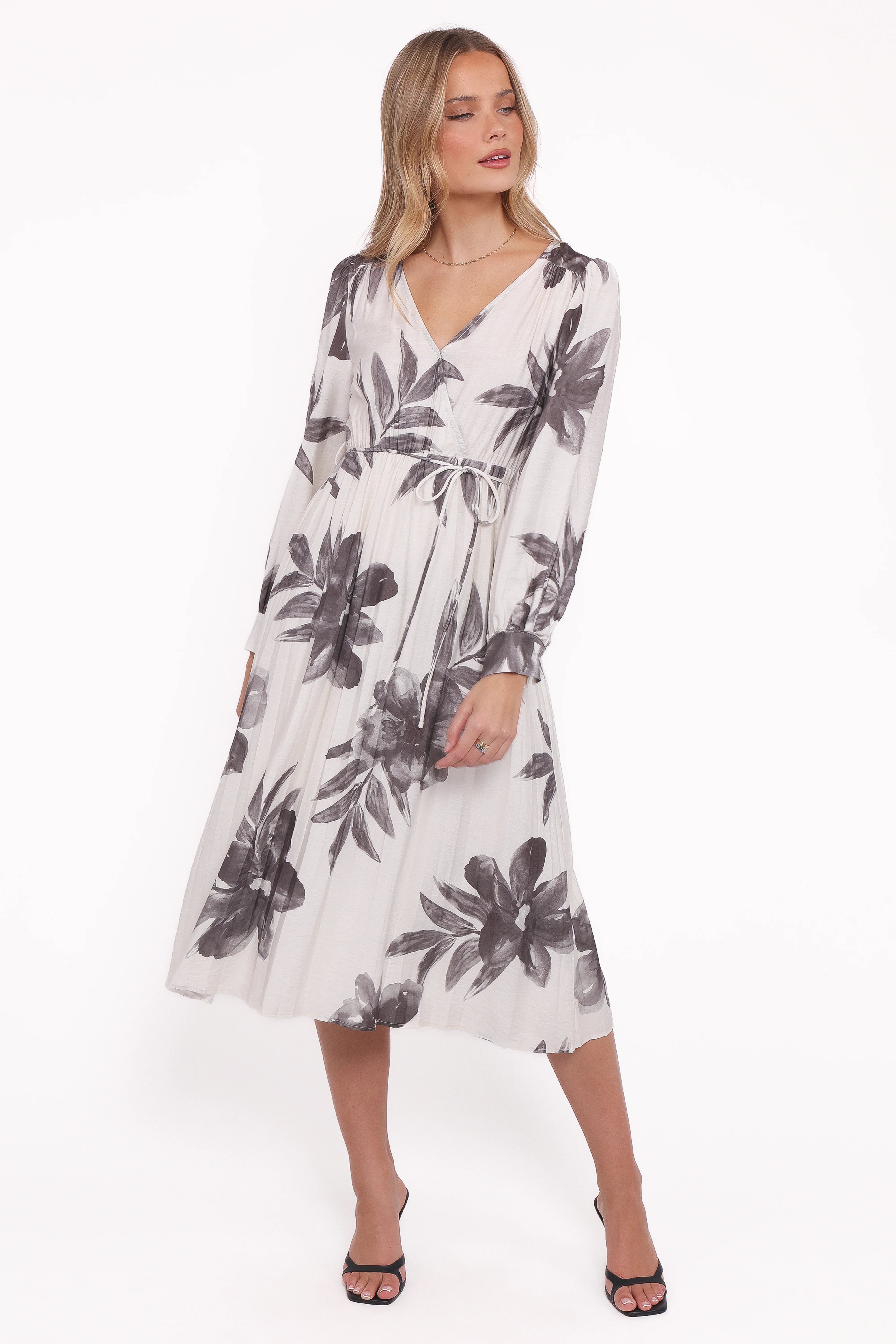 Grainne Long Sleeve Midi Dress Black White Floral