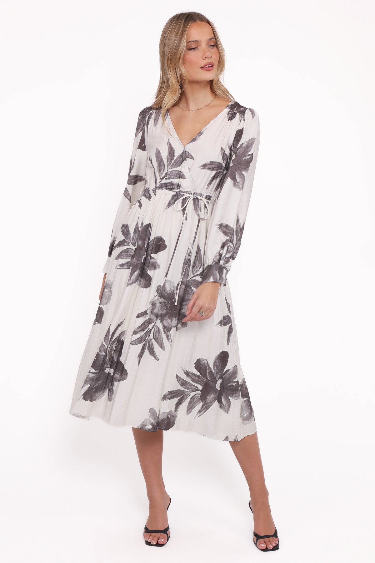 Grainne Long Sleeve Midi Dress Black White Floral