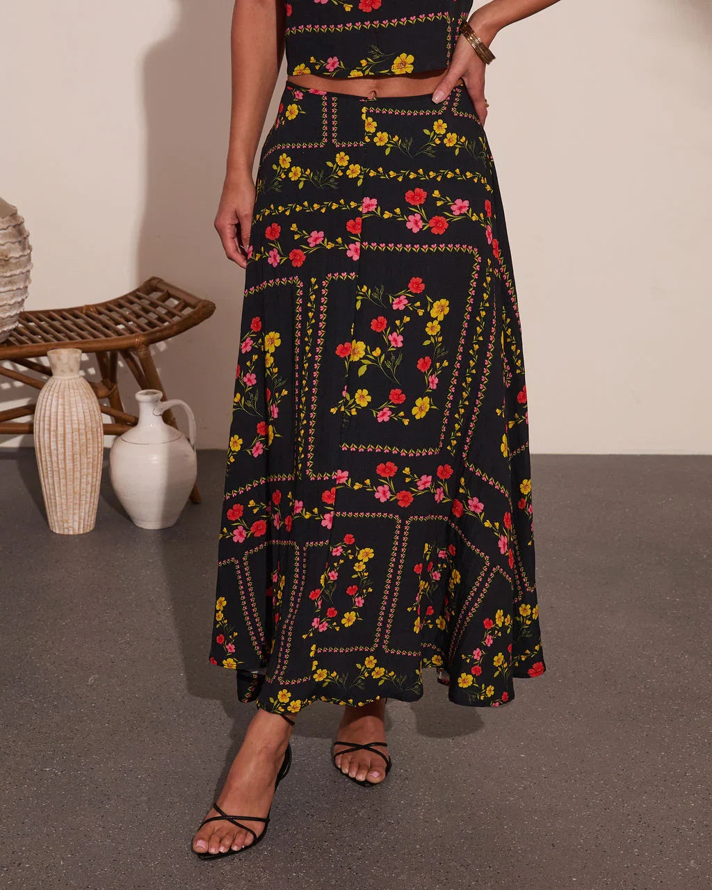 Sunkissed Meadow Floral Print Midi Skirt