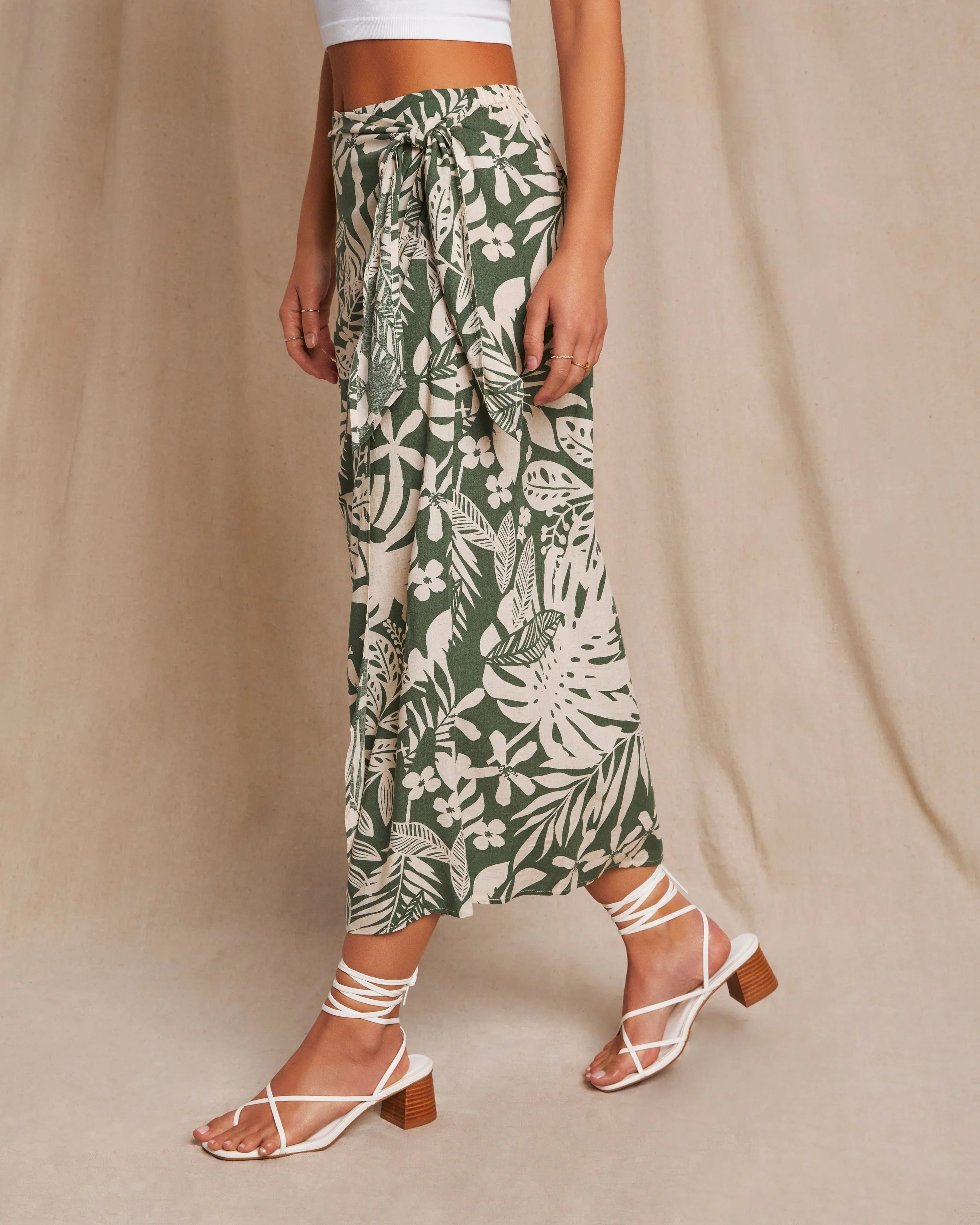 Kaanapali Linen Blend Tropical Print Wrap Midi Skirt
