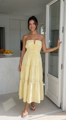 Sunbeam Tiered Lace Strapless Maxi Dress Butter Yellow