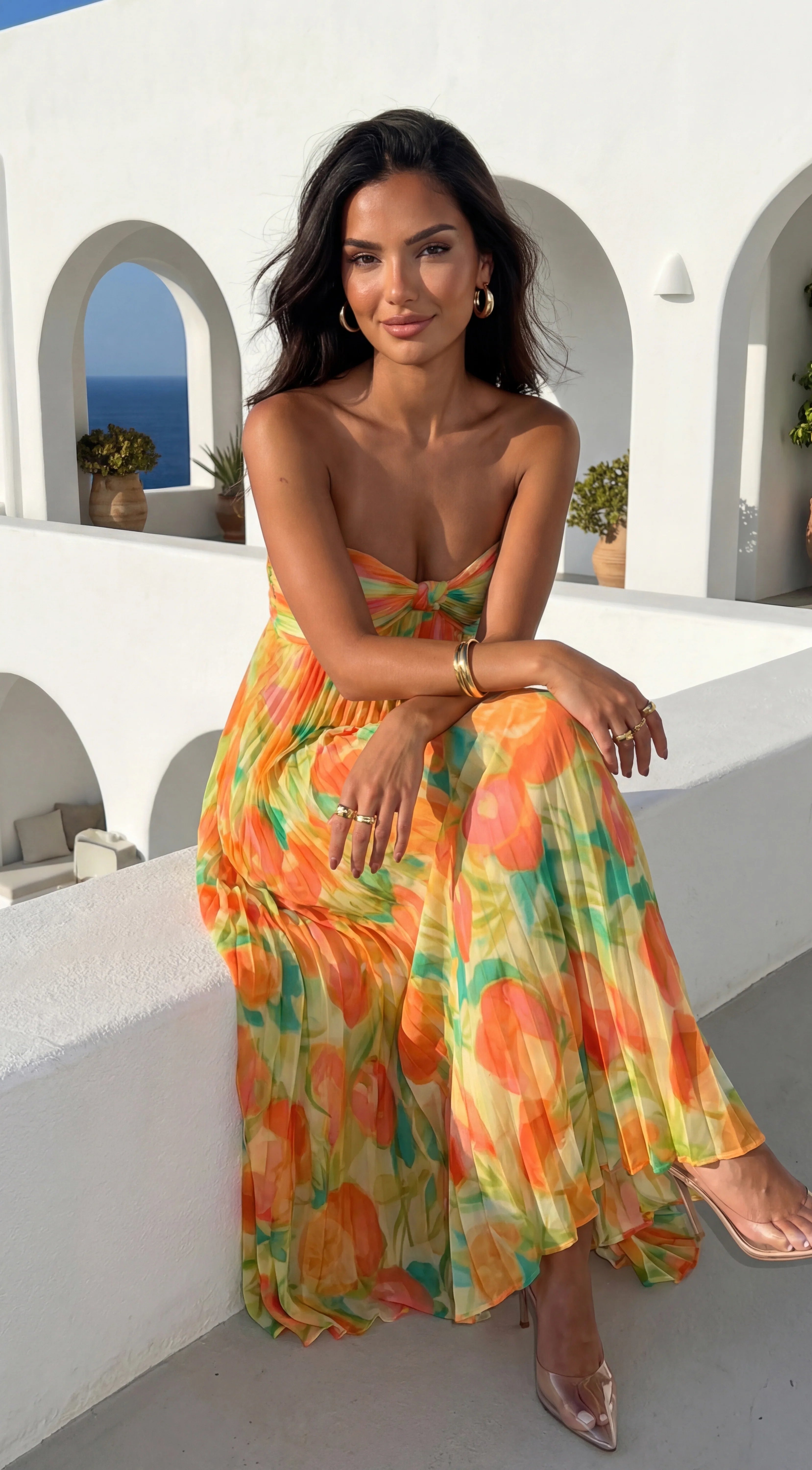 Nayira Floral Pleated Strapless Maxi Dress Orange Multi