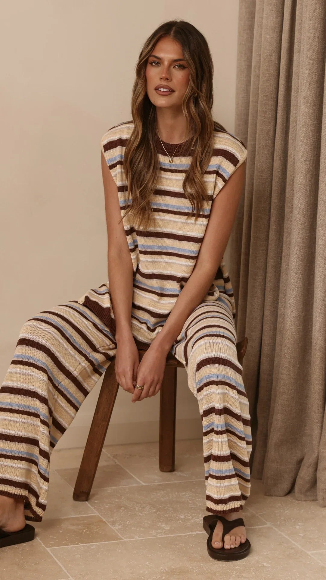 Florentine Knit Vest and Pants Set Beige Choc Blue Stripe