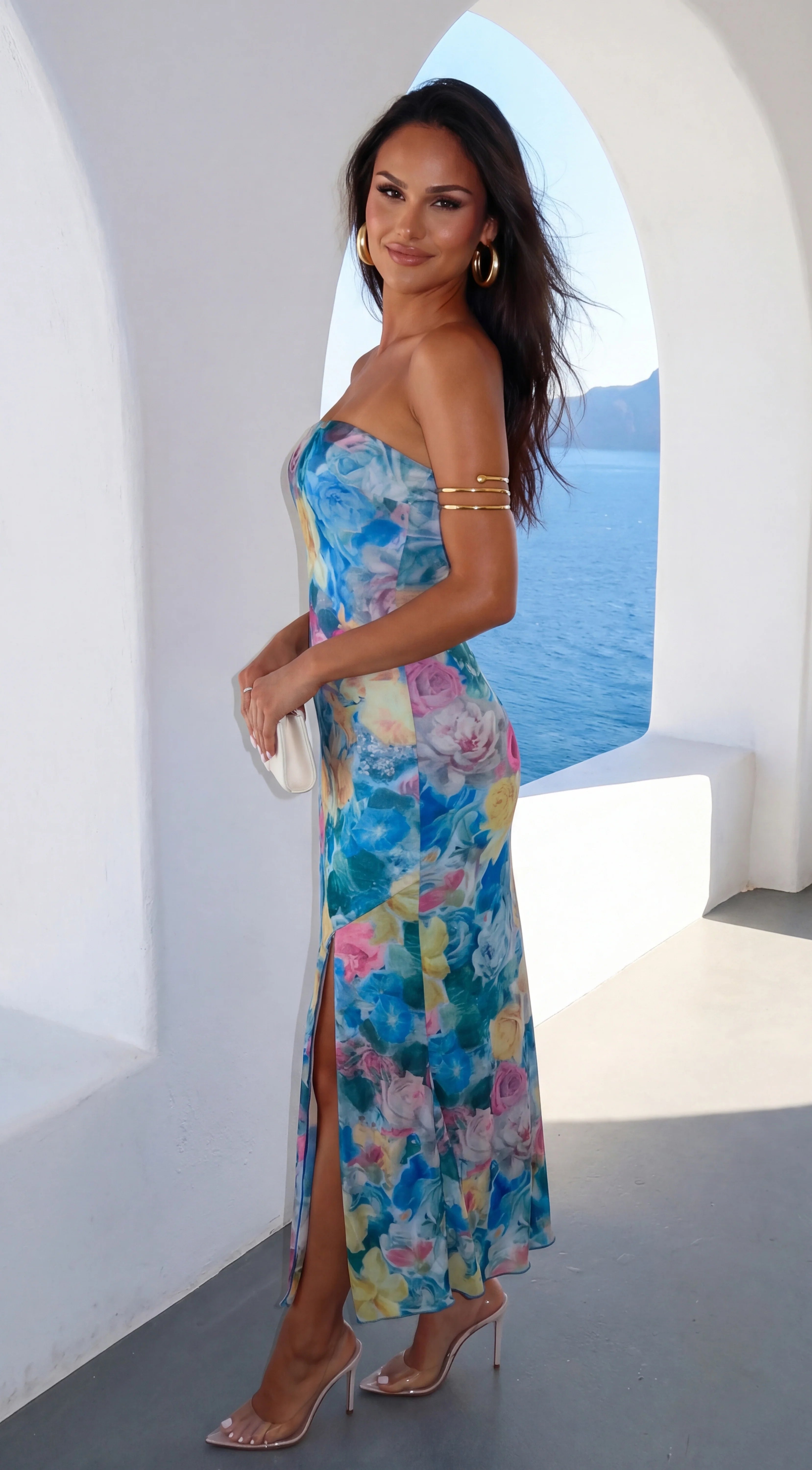 Aquarella Floral Strapless Tube Midi Dress Blue Multi