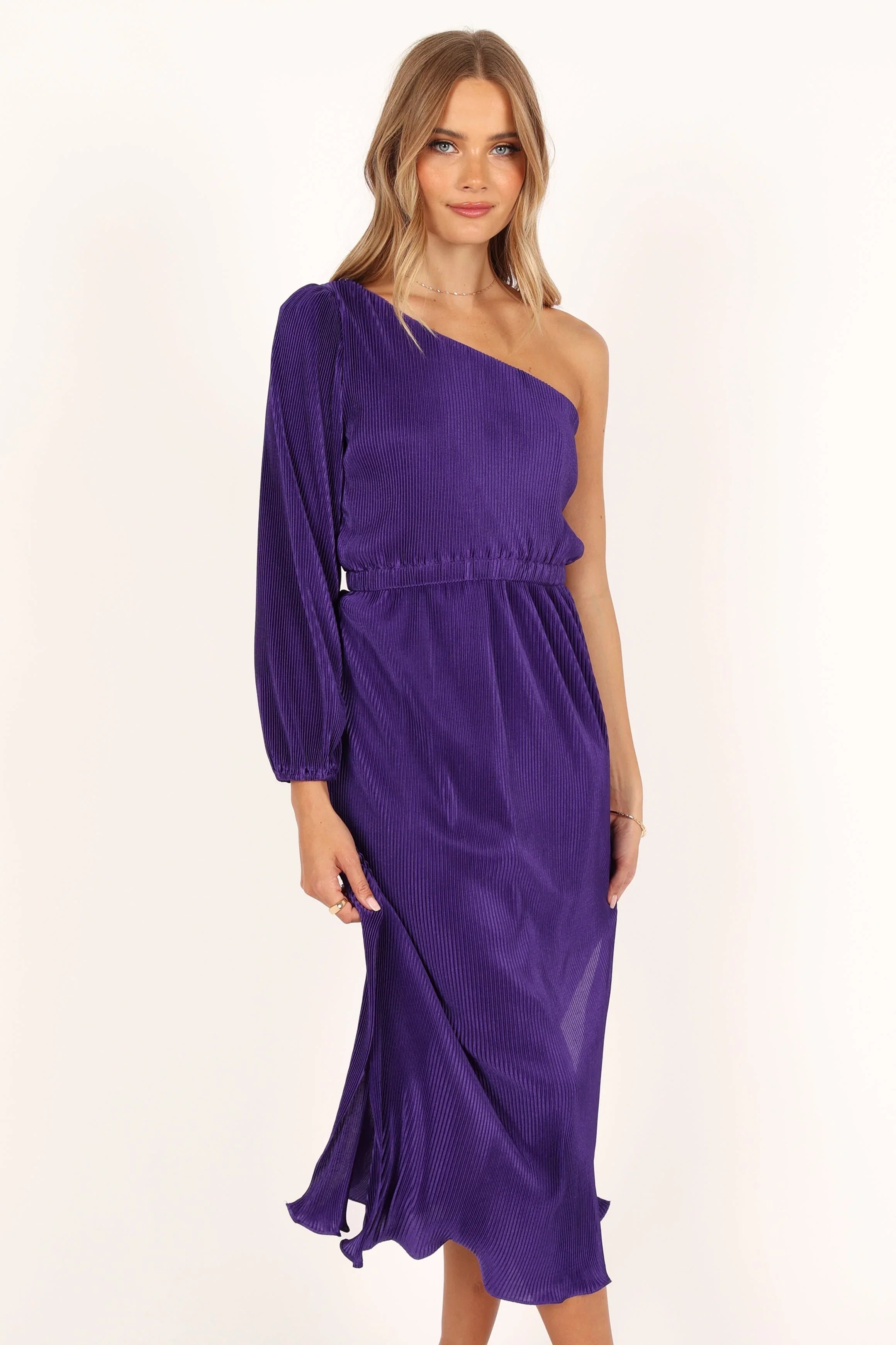 Pontee One Shoulder Pleated Midi Dress Purple