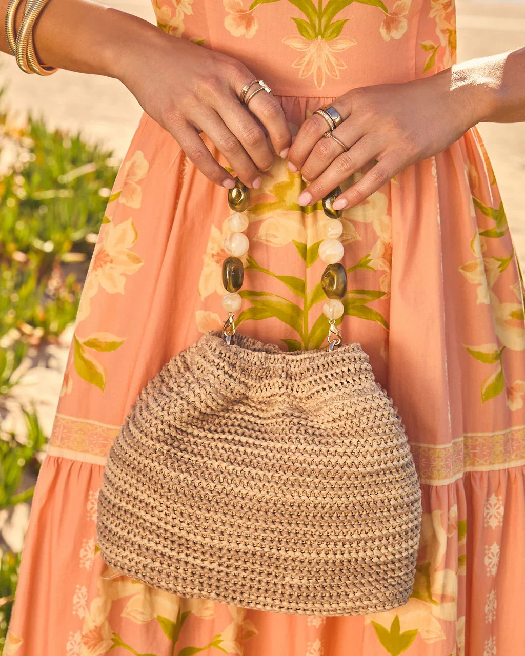Natural Drift Beaded Handle Straw Pouch Bag