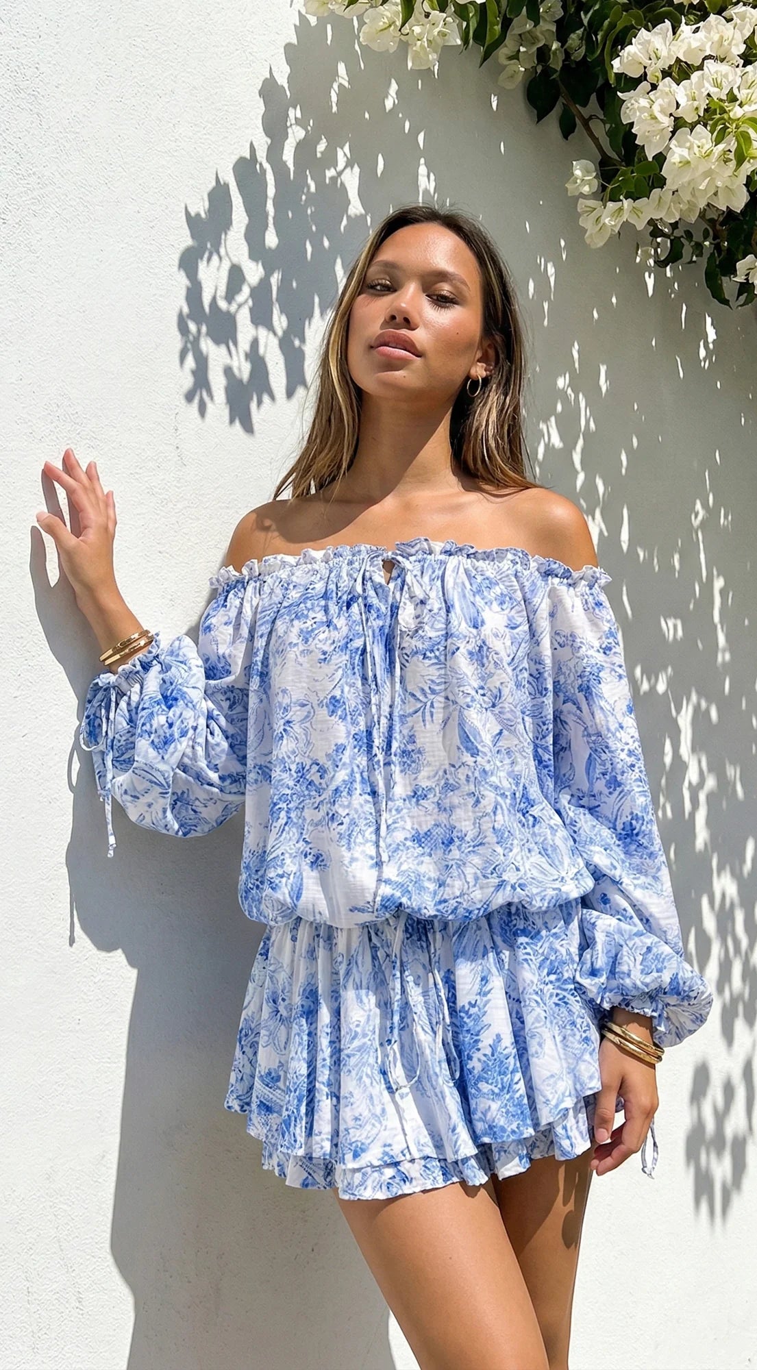 Bahama Floral Off Shoulder Ruffle Mini Dress Blue