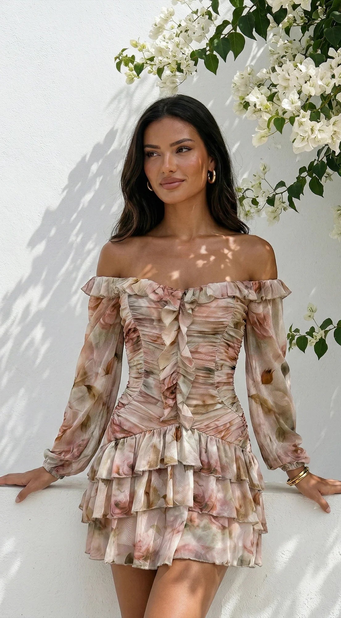Sorrento Garden Floral Off Shoulder Ruffle Mini Dress Beige Multi