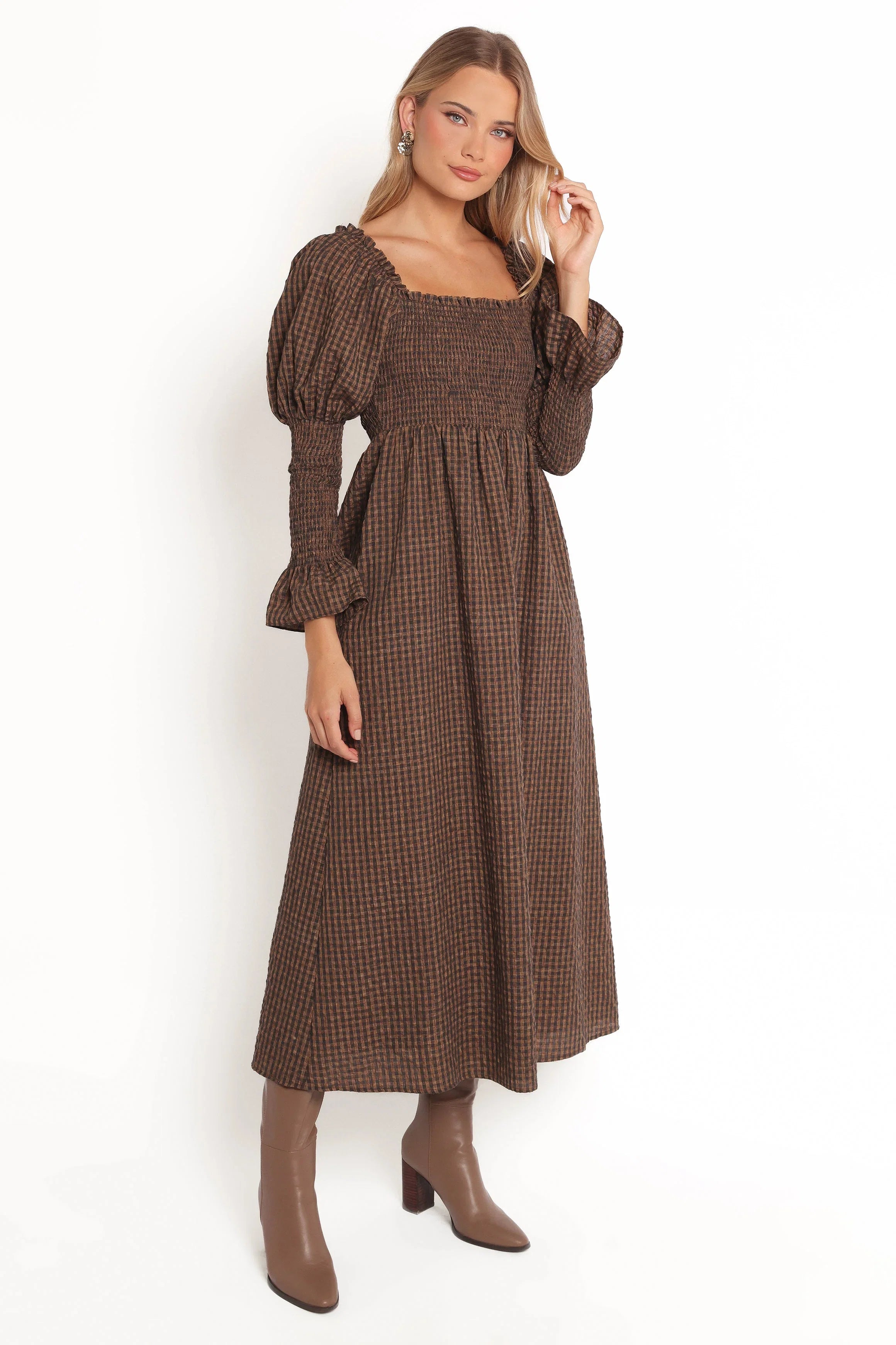 Cyrena Maxi Dress Brown Check