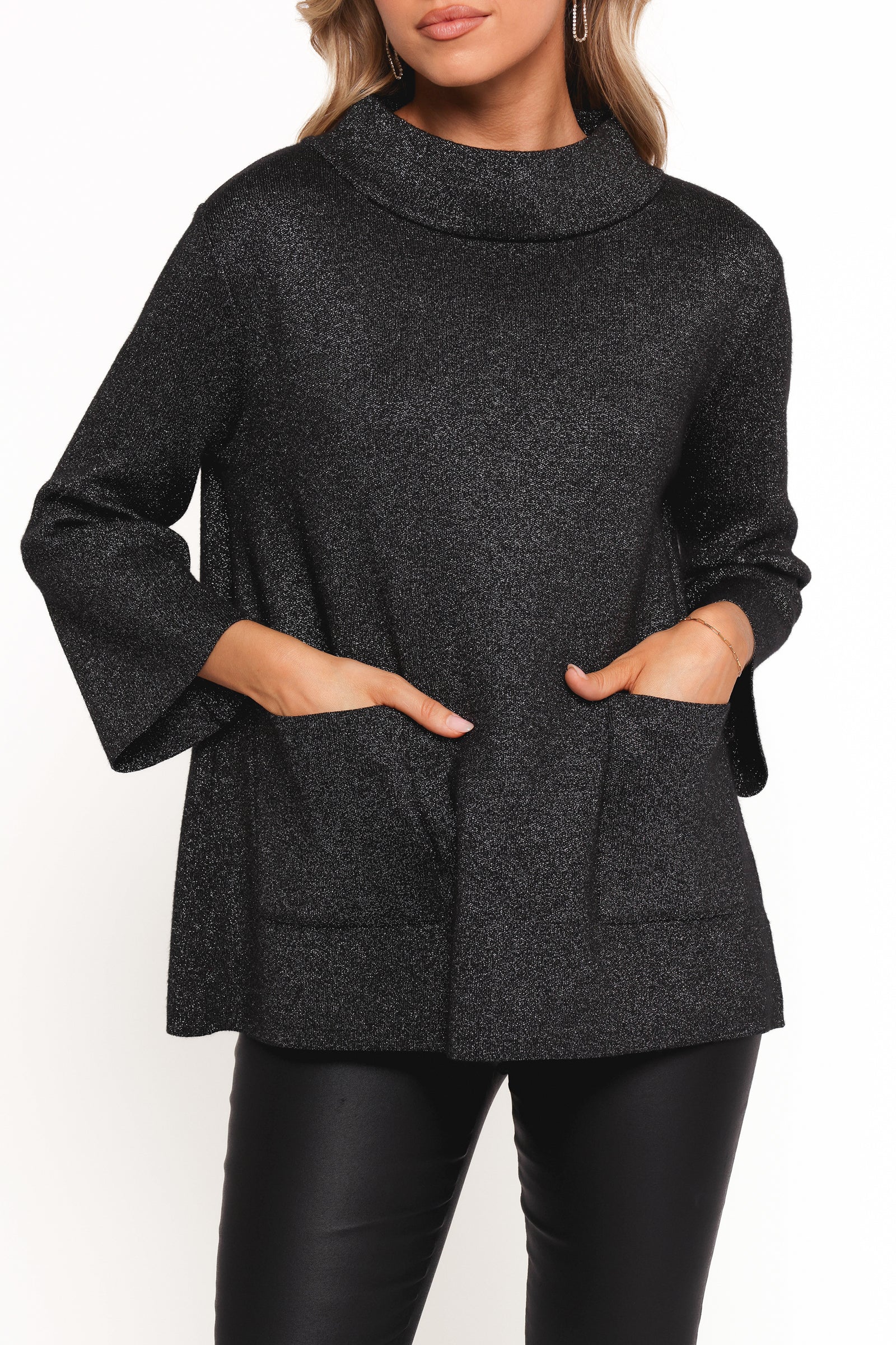 Tassie Cowlneck Lurex Shimmer Knit Sweater Black