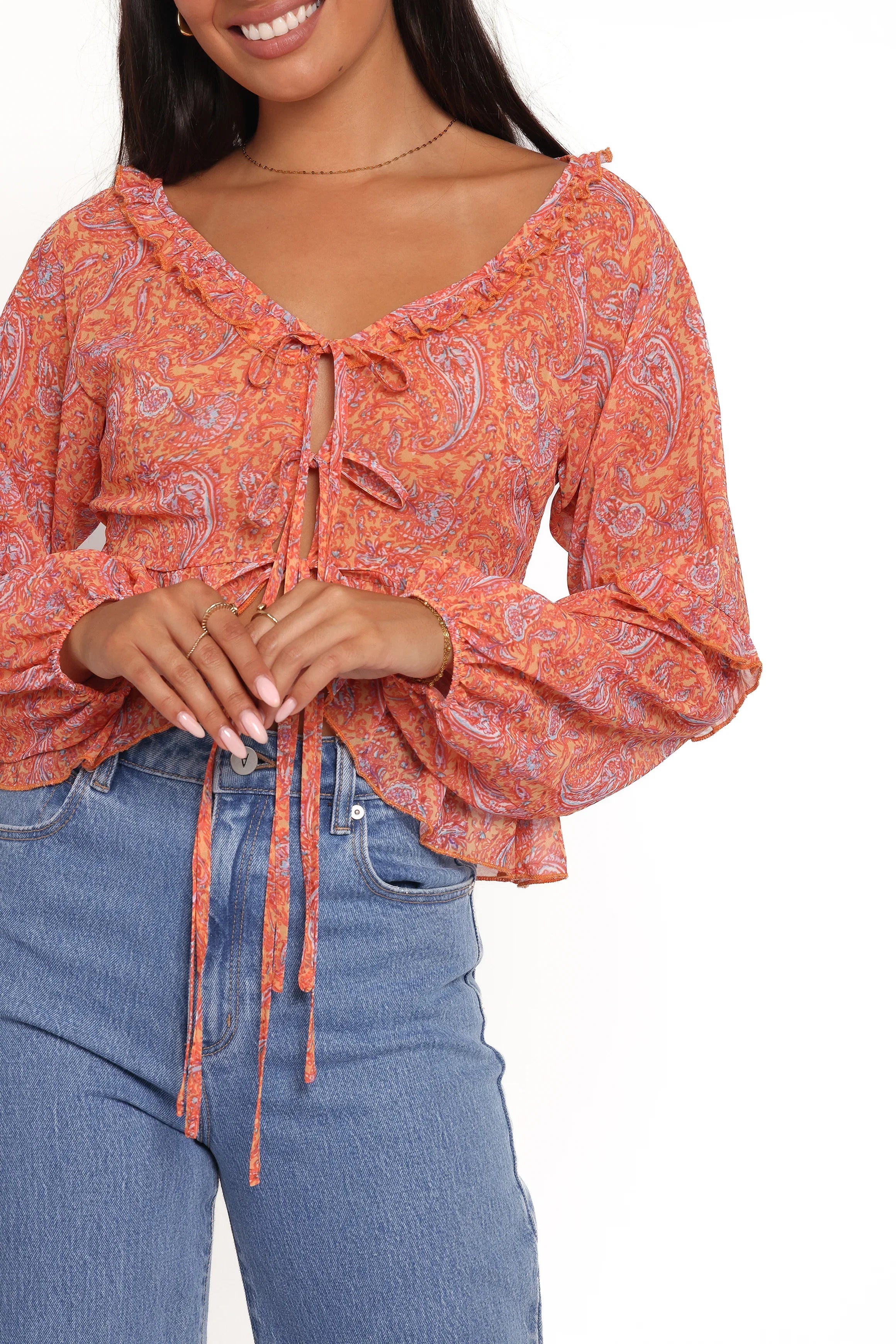 Isolt Tie Front Top Orange Paisley