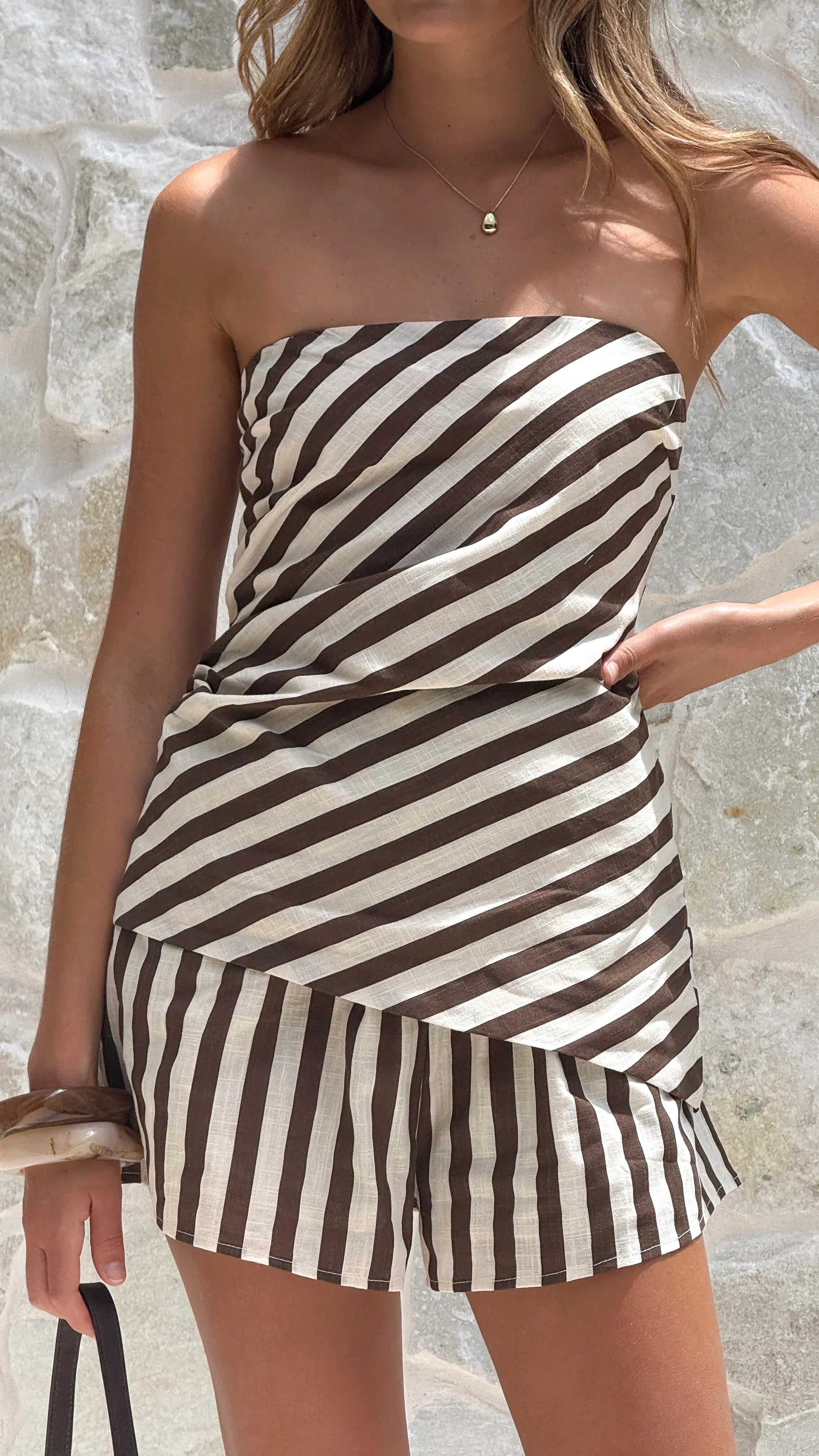Gia Strapless Top and Shorts Set Chocolate Stripe