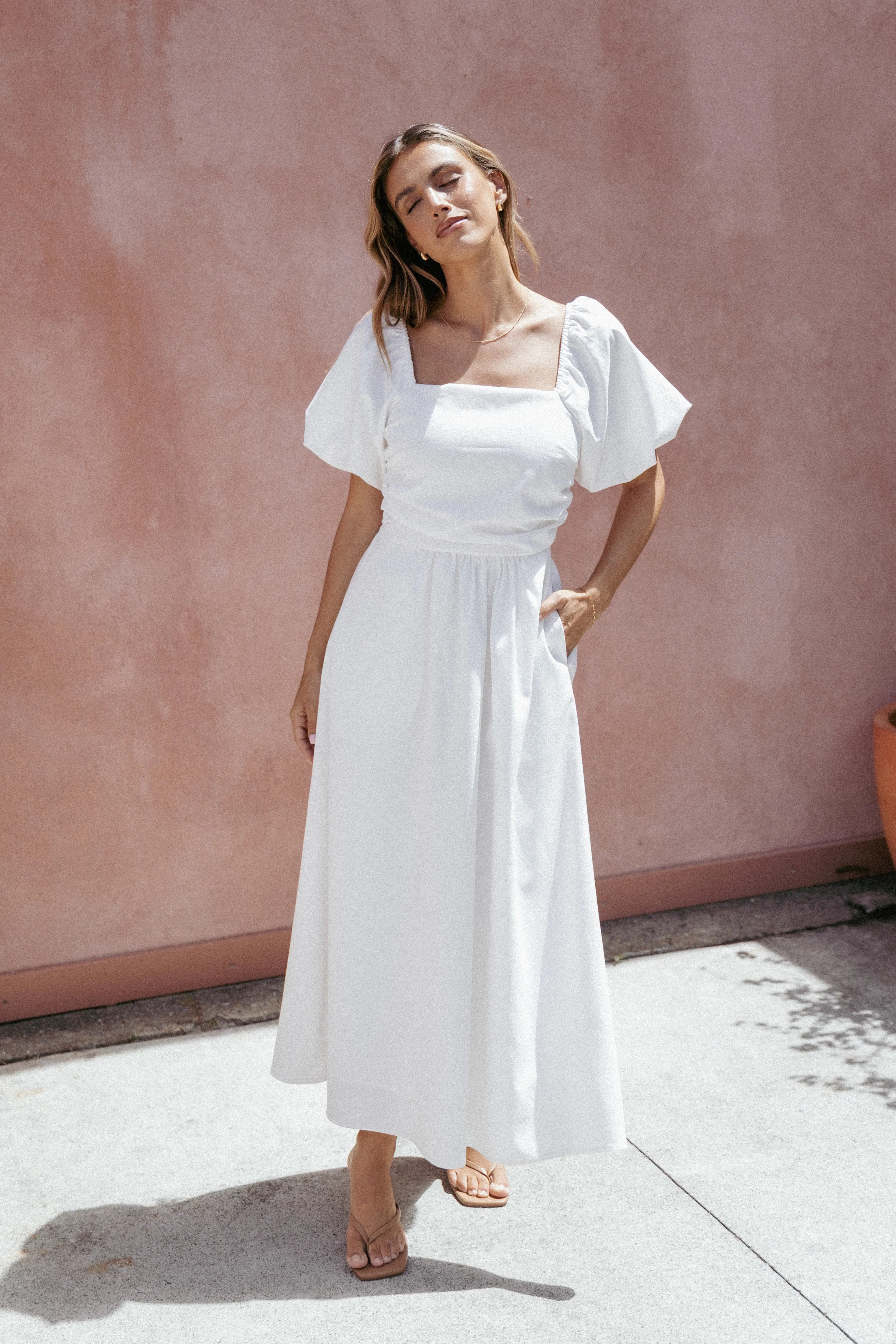 Clo Puff Sleeve Midi Dress White