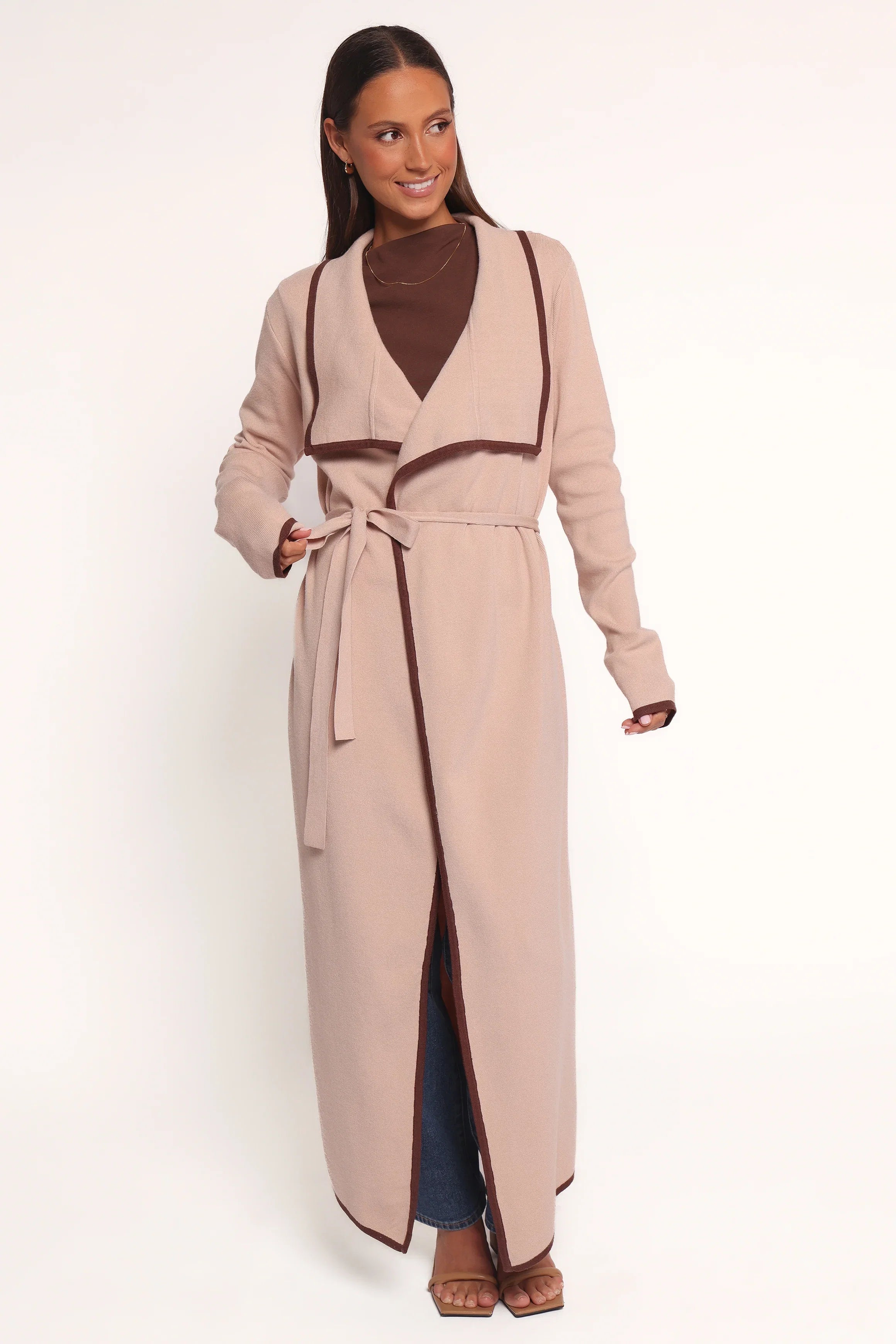 Vallis Contrast Trim Long Cardigan Beige
