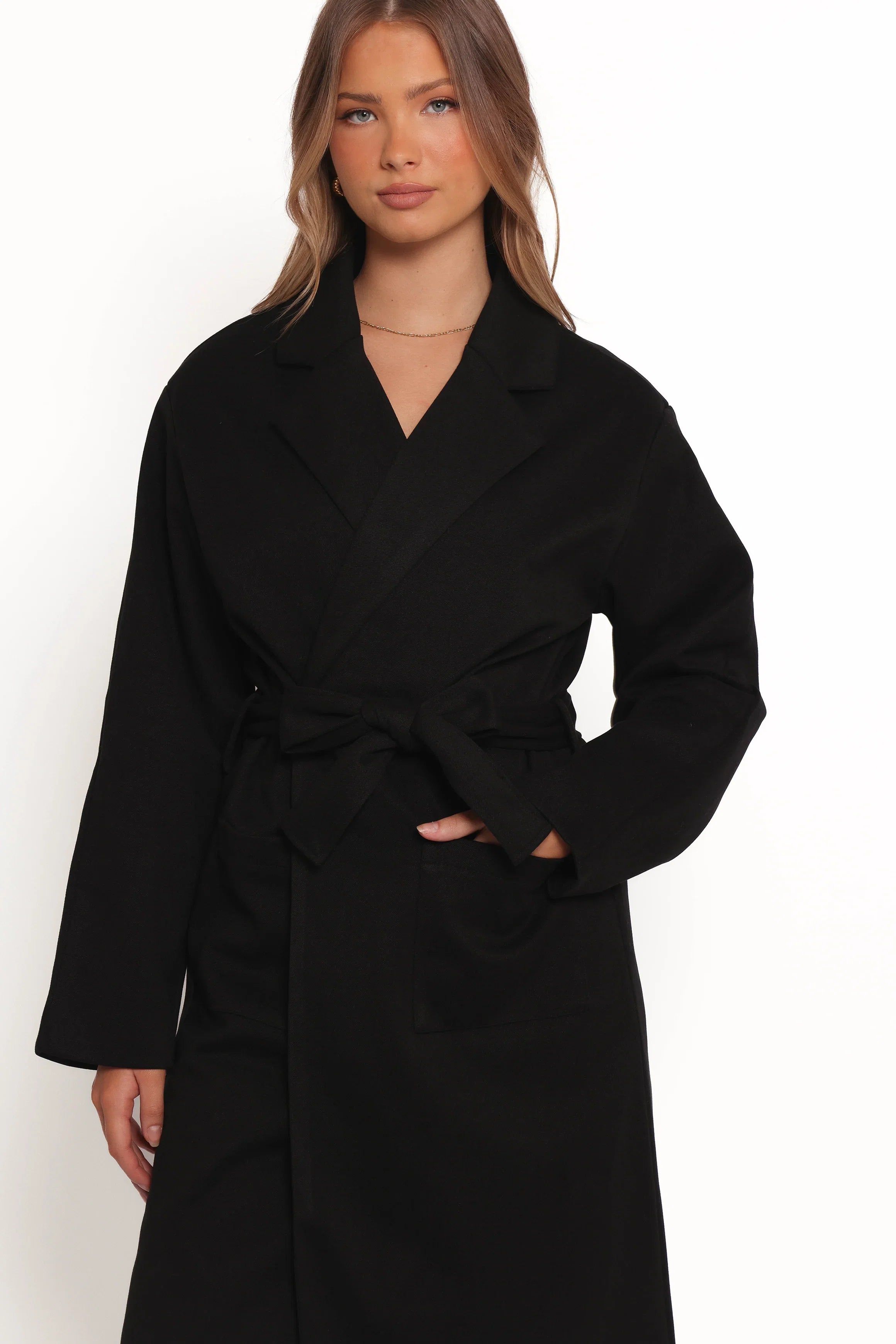 Kloss Tie Front Long Coat Black