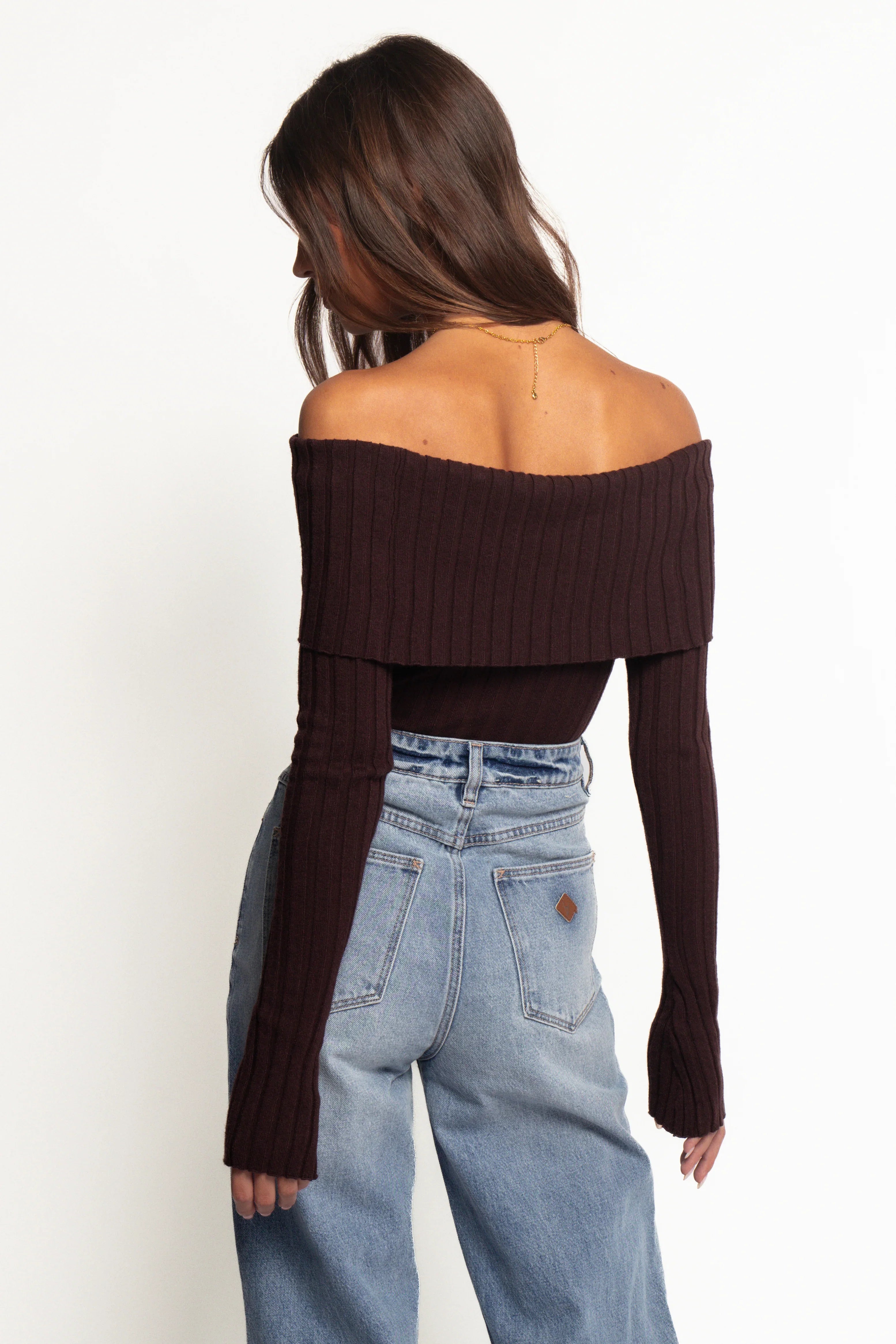 Inora Off Shoulder Knit Top Chocolate