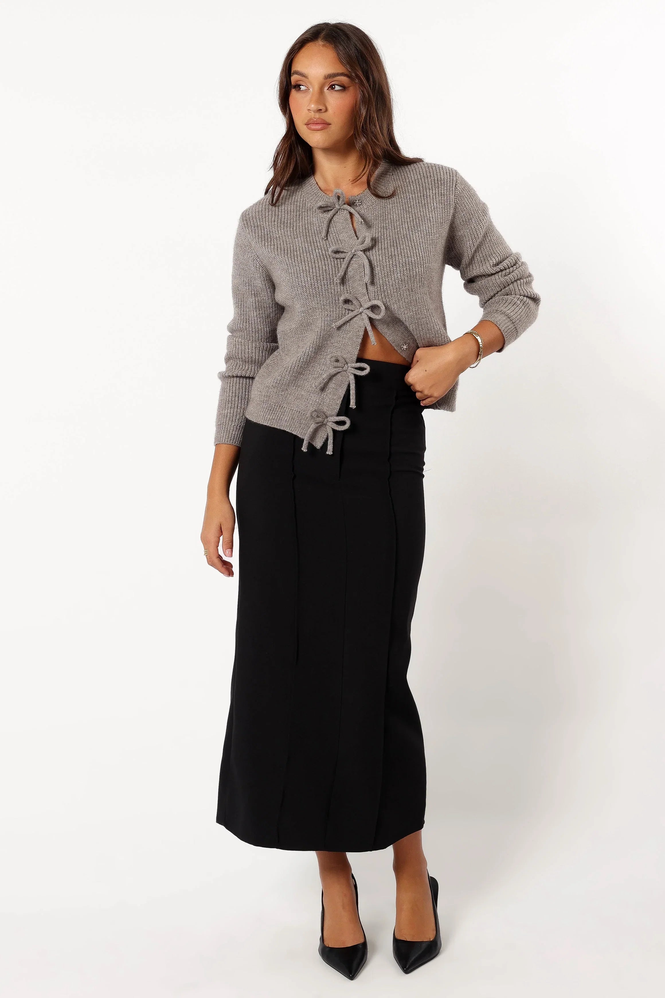 Wilde Bow Front Cardigan Light Grey