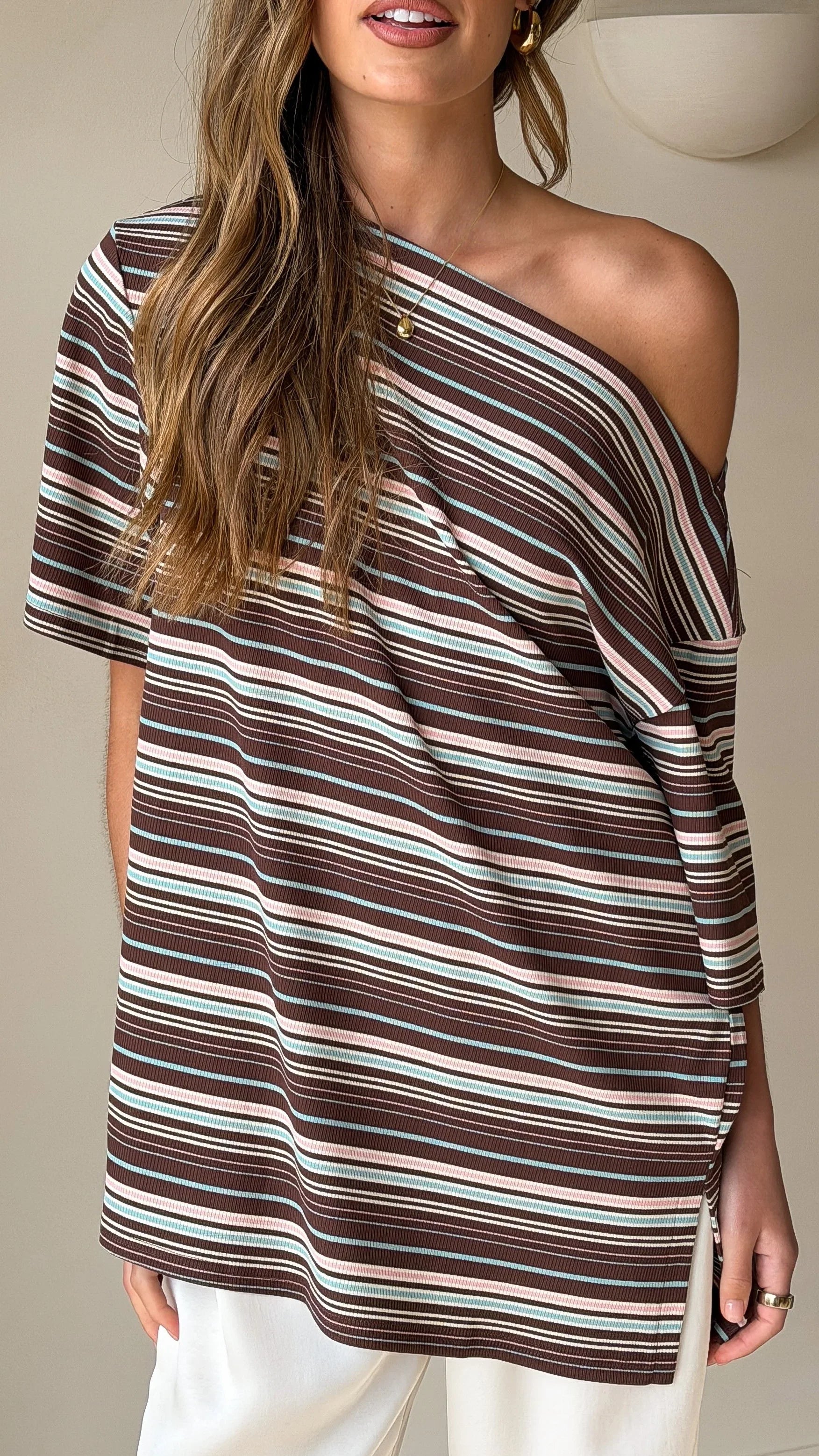 Pia One Shoulder Oversize Tee Choc Blue Stripe