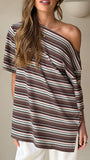 Pia One Shoulder Oversize Tee Choc Blue Stripe