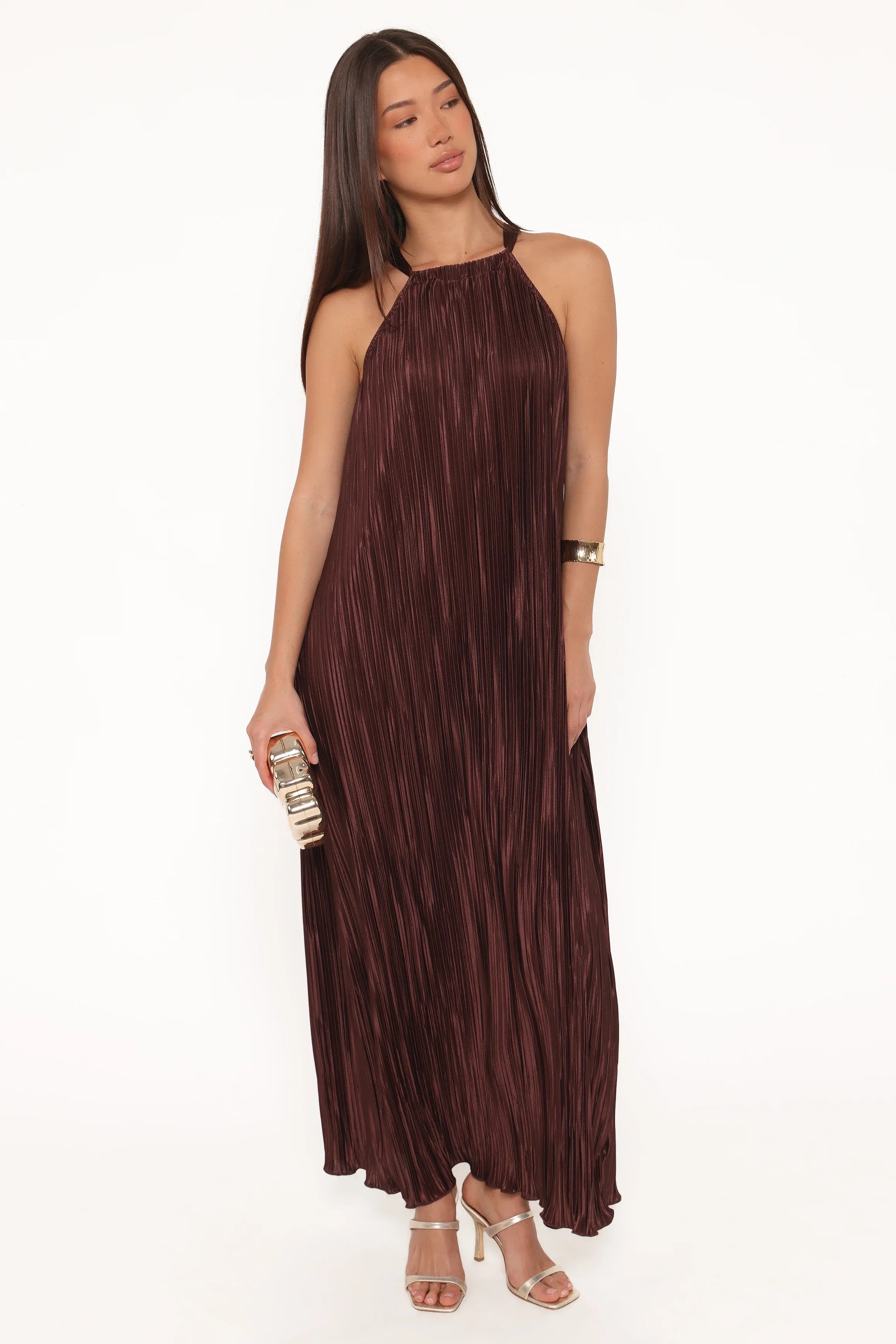 Melody Plisse Halter Maxi Dress Brown