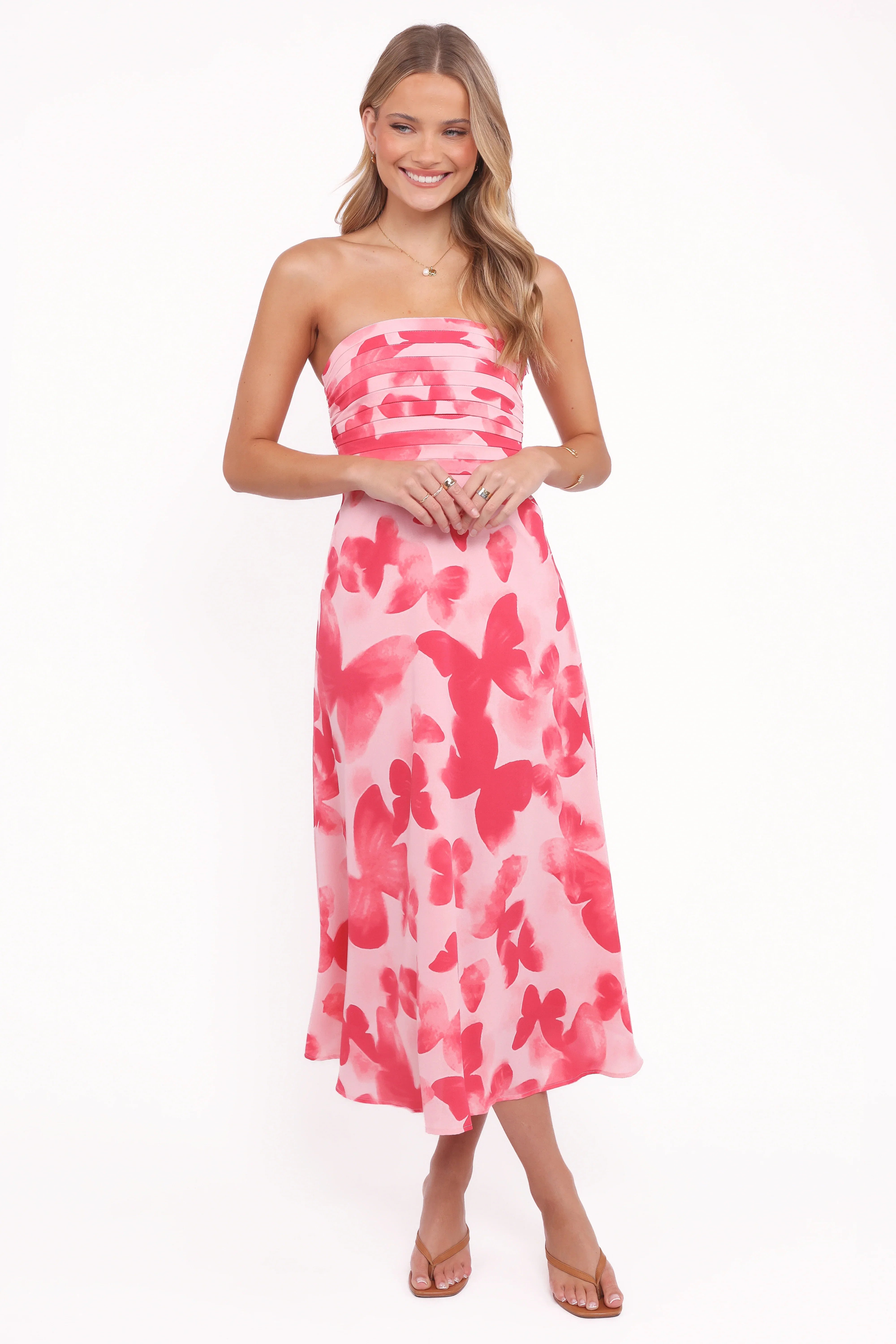 Kenna Strapless Midi Dress Butterfly Print