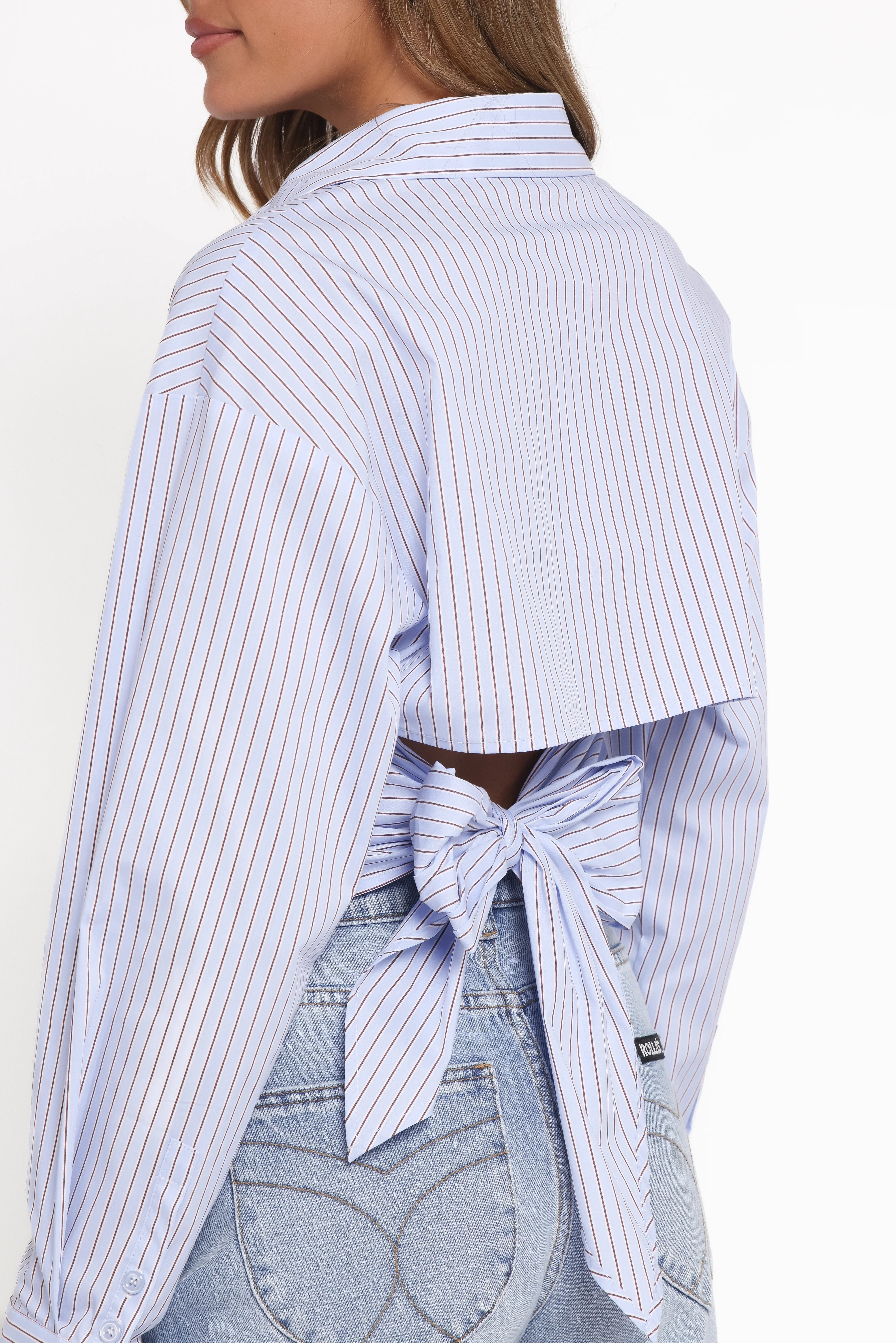 Vienne Tie Back Button Up Shirt Blue Brown Stripe