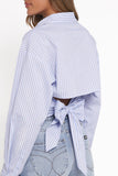 Vienne Tie Back Button Up Shirt Blue Brown Stripe