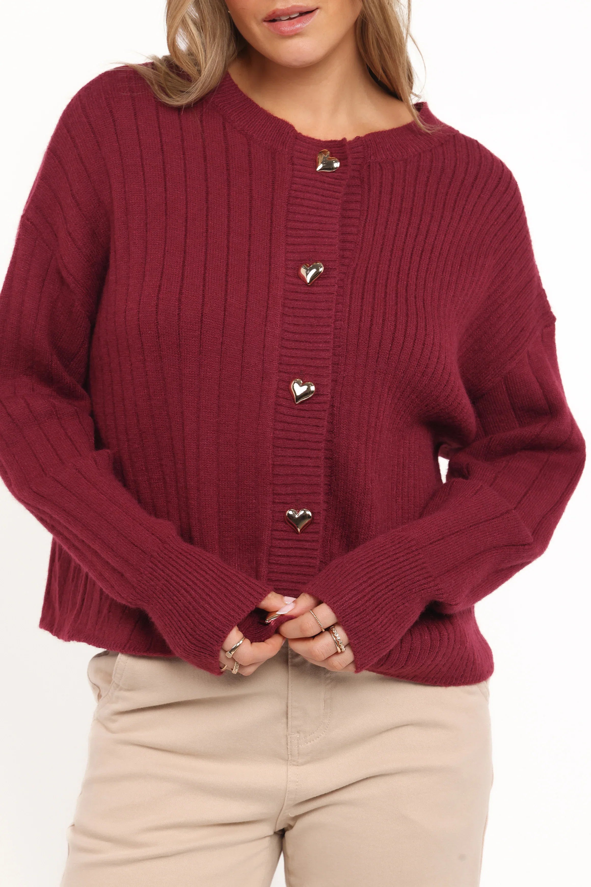 Loulani Heart Button Cardigan Cherry