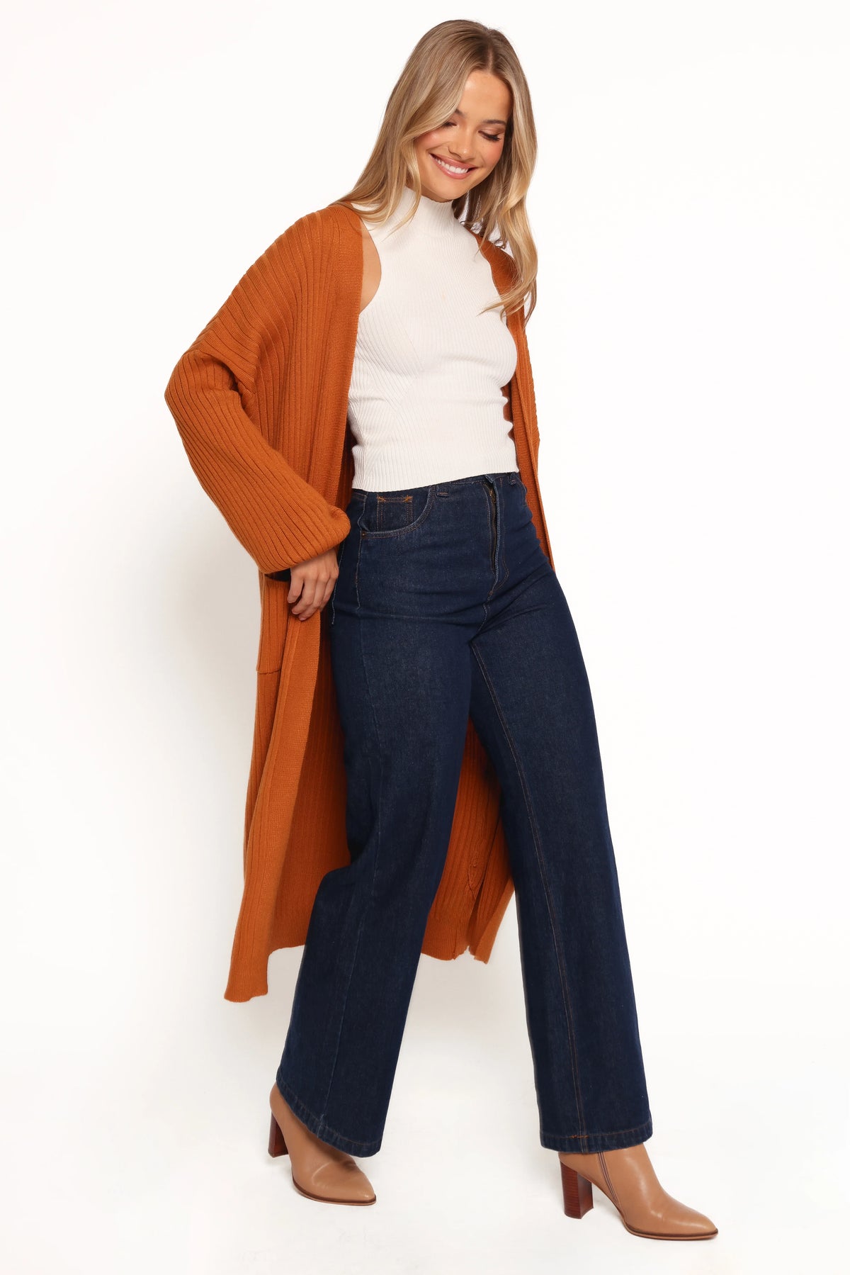 Makenna Long Open Front Cardigan Rust
