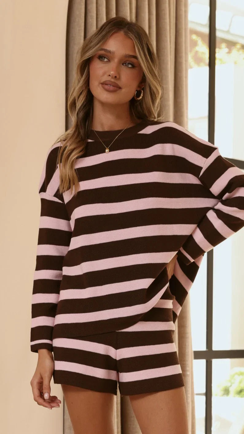 Jaeden Long Sleeve Top Shorts Set Pink Chocolate Stripe
