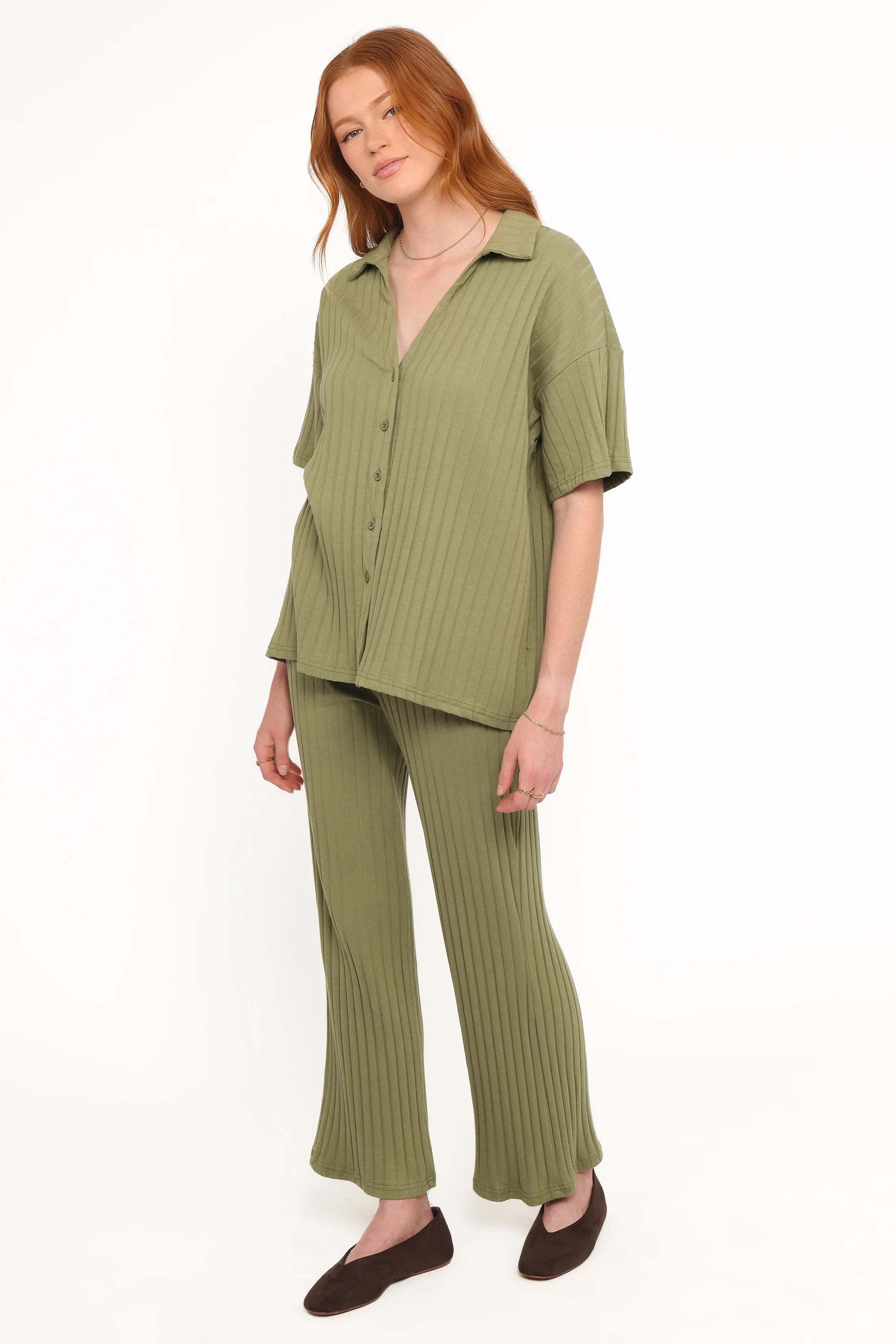 Phillipa Wide Ribbed Shirt Set Olive